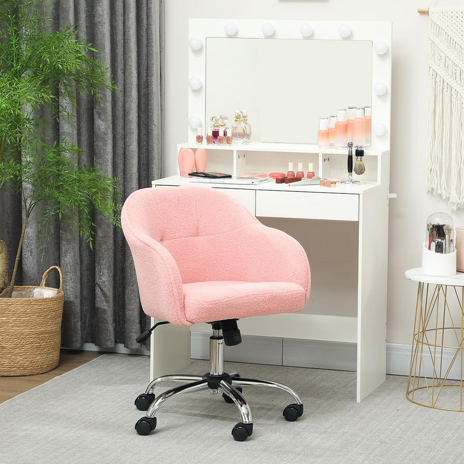 Ergonomisk kontorsstol, rosa teddyfleece, justerbar höjd