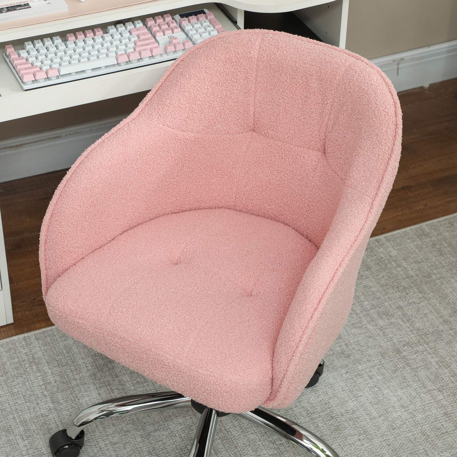 Ergonomisk kontorsstol, rosa teddyfleece, justerbar höjd