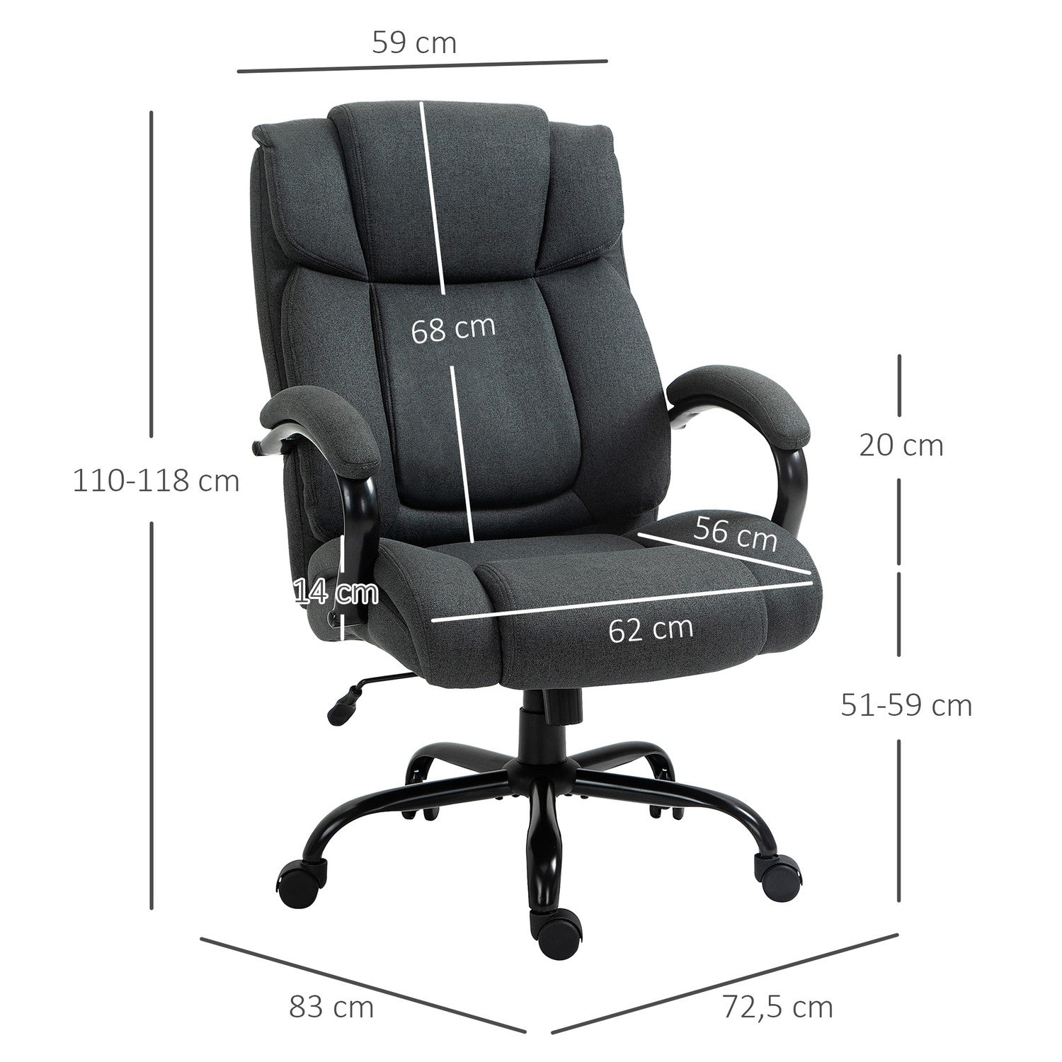 Ergonomisk kontorsstol, vridbar, vadderade armar, 220 kg kapacitet, grå