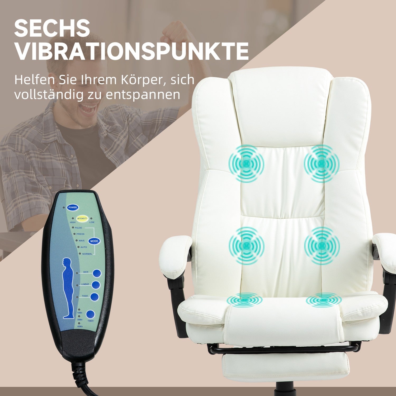 Ergonomisk krämig kontorsstol med massage & fotstöd