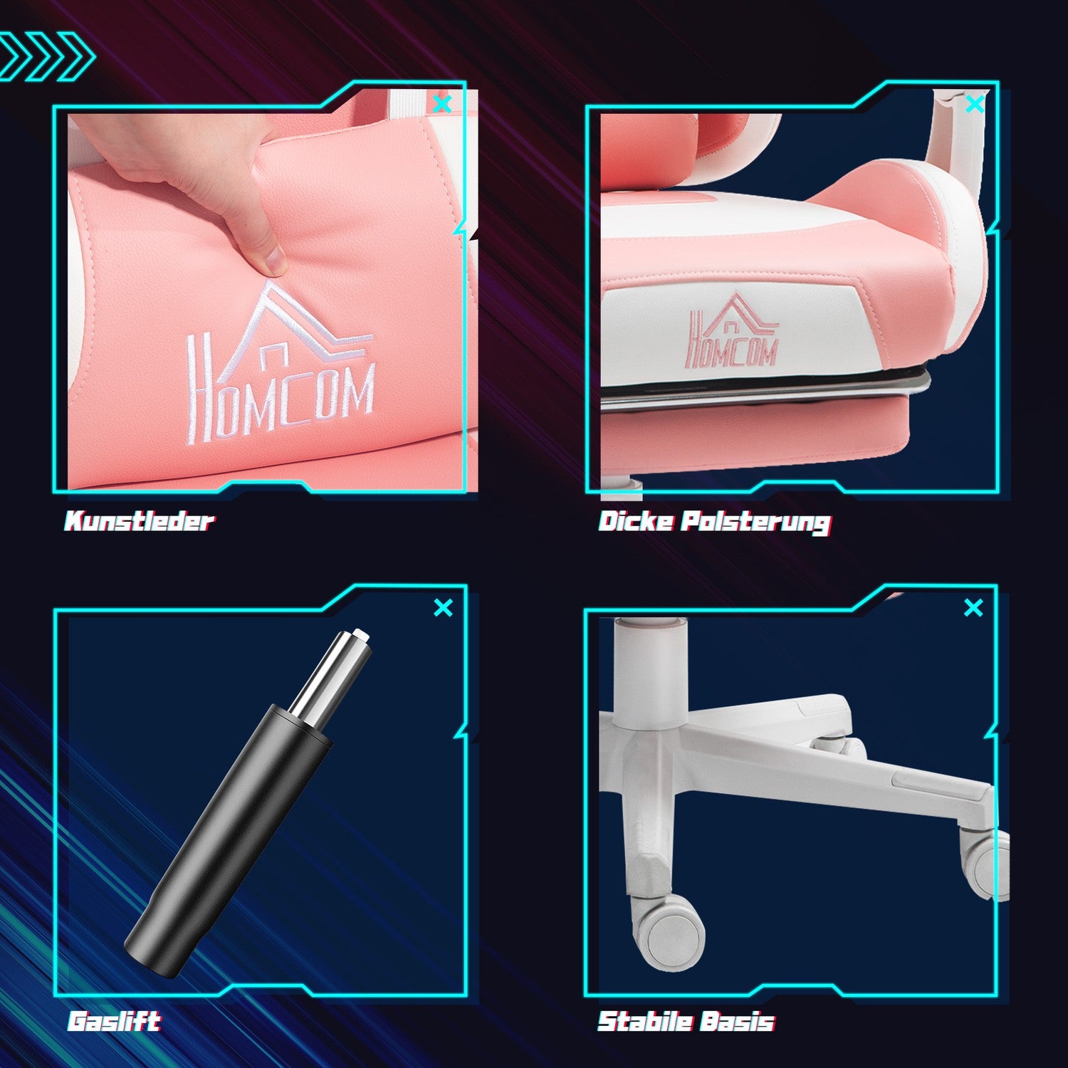 Ergonomisk rosa spelstol med svankstöd och fotstöd