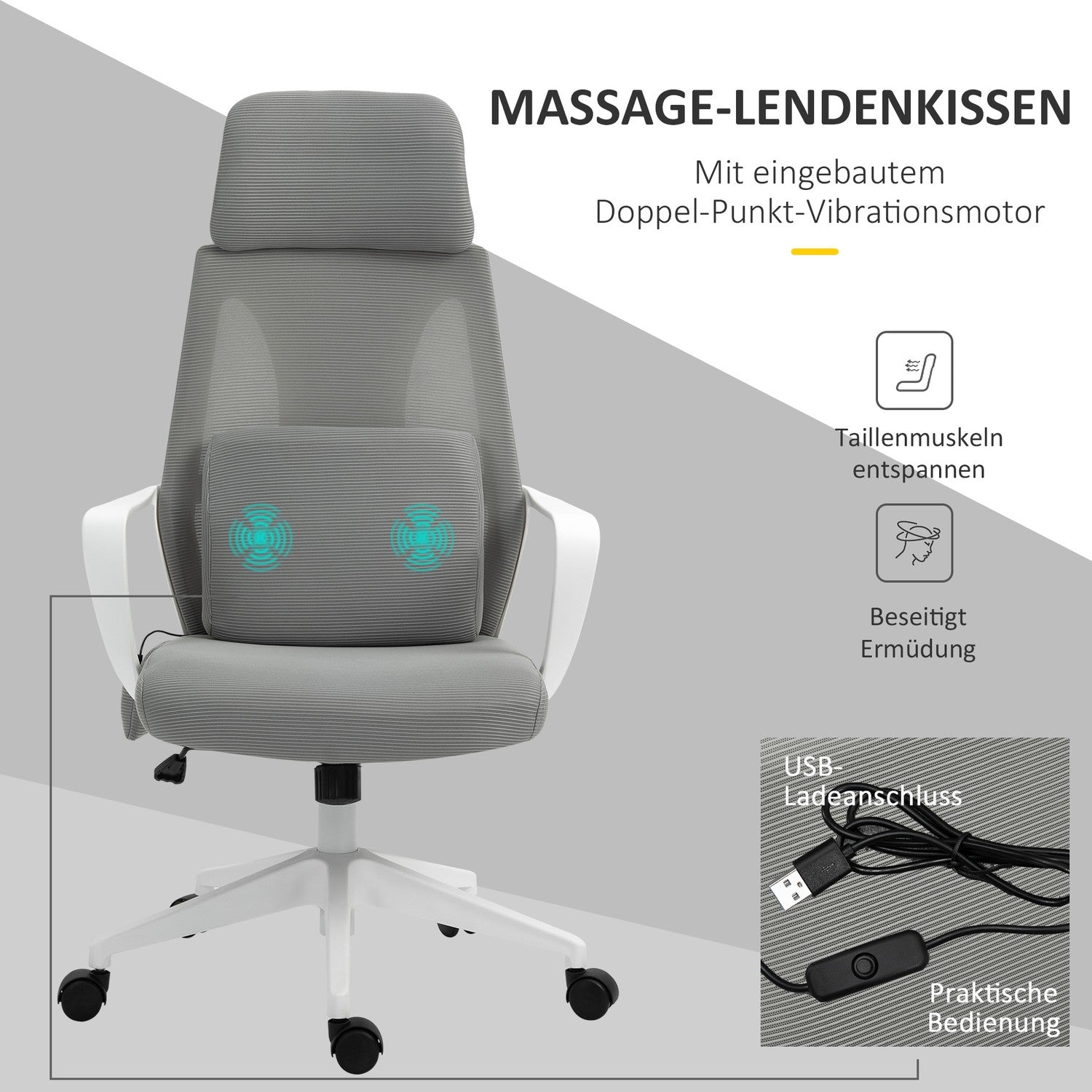 Ergonomisk spelstol med massage, vridbar, grå nylon
