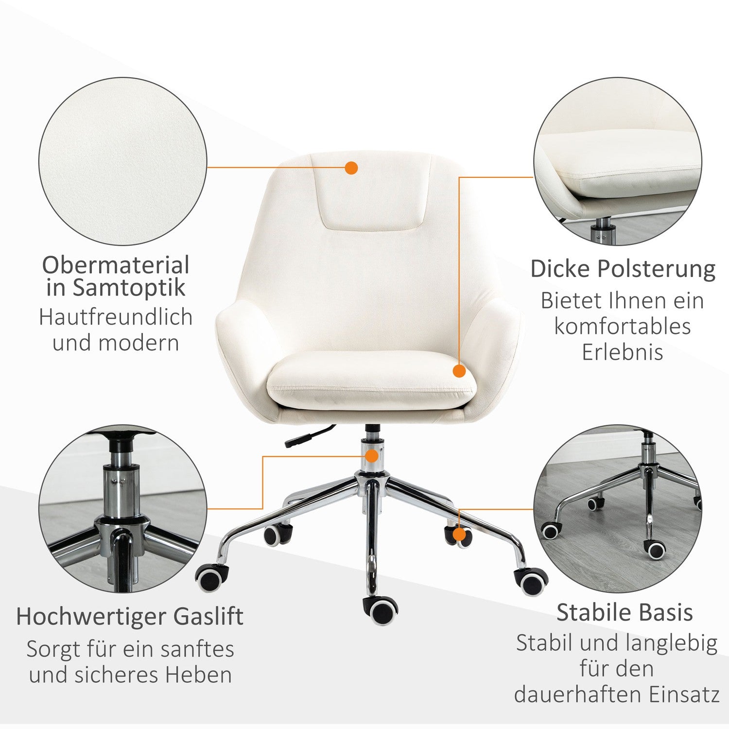 Ergonomisk vridbar kontorsstol, justerbar höjd, sammetskräm