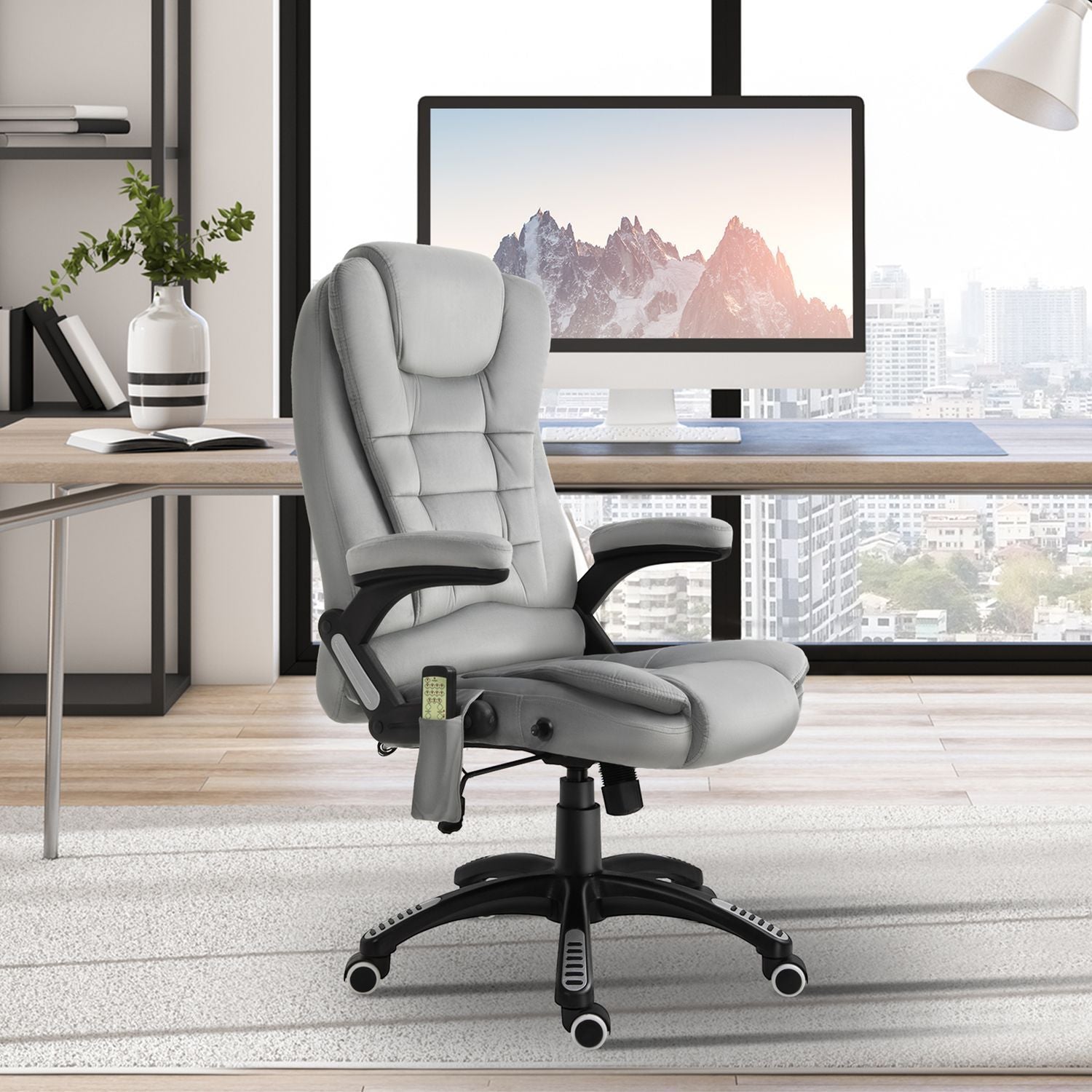 Massasjestol Kontorstol, Spillestol, Hevet og Senket Executive Chair, Ergonomisk, Pu-Wheels, Grå, 67X74X107-116 Cm