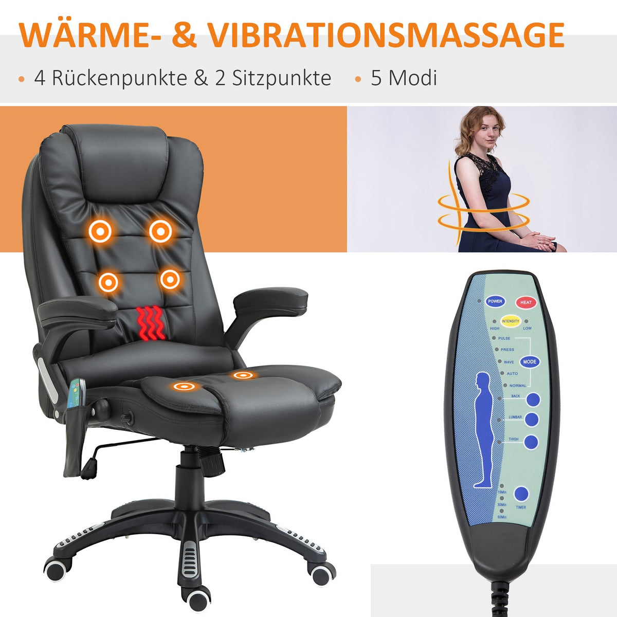 Executive kontorstol, massasje & varme, kunstskinn