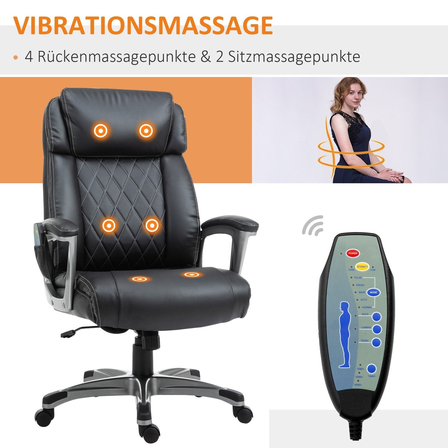 Massage Kontorsstol 6-Punkts Massage Vridstol Faux Läder Med Nackstöd Svart 70X76,5X114-124Cm