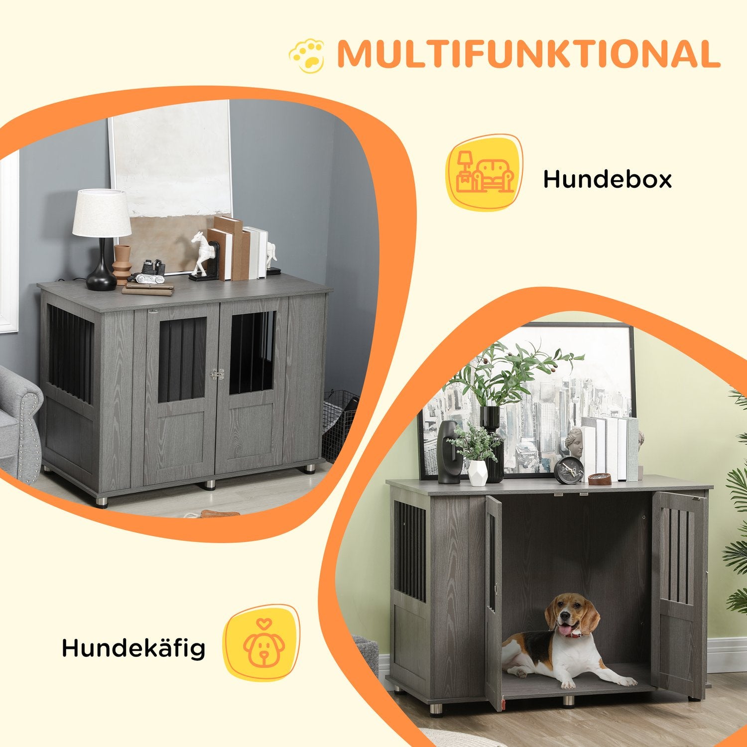 Extra stor inomhus hundkennel med lås – Grå, 116 x 60 x 87 cm