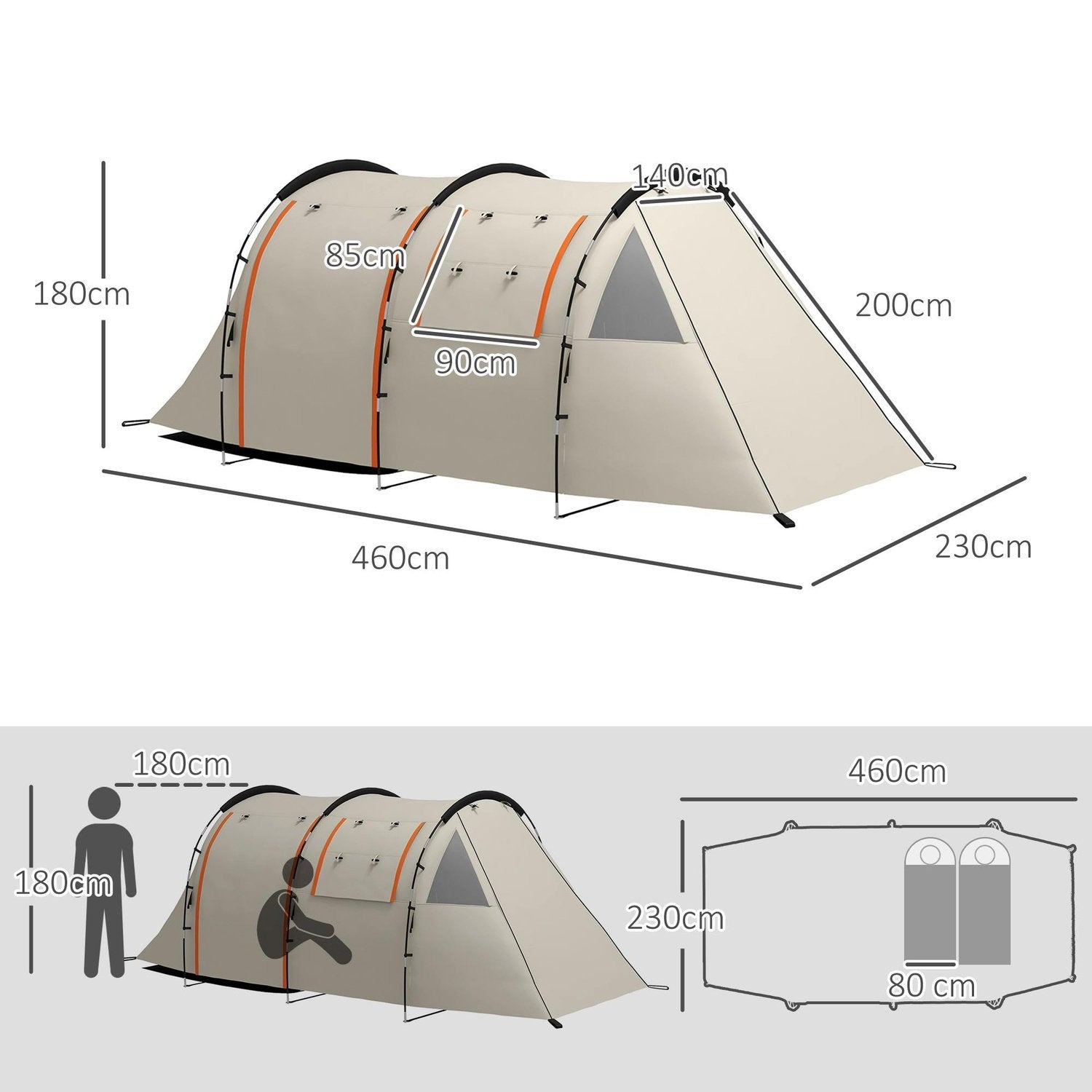 Tunneltelt Campingtelt 5 personers familietelt 2 roms sidevindus bæreveske 3000 mm hage Khaki