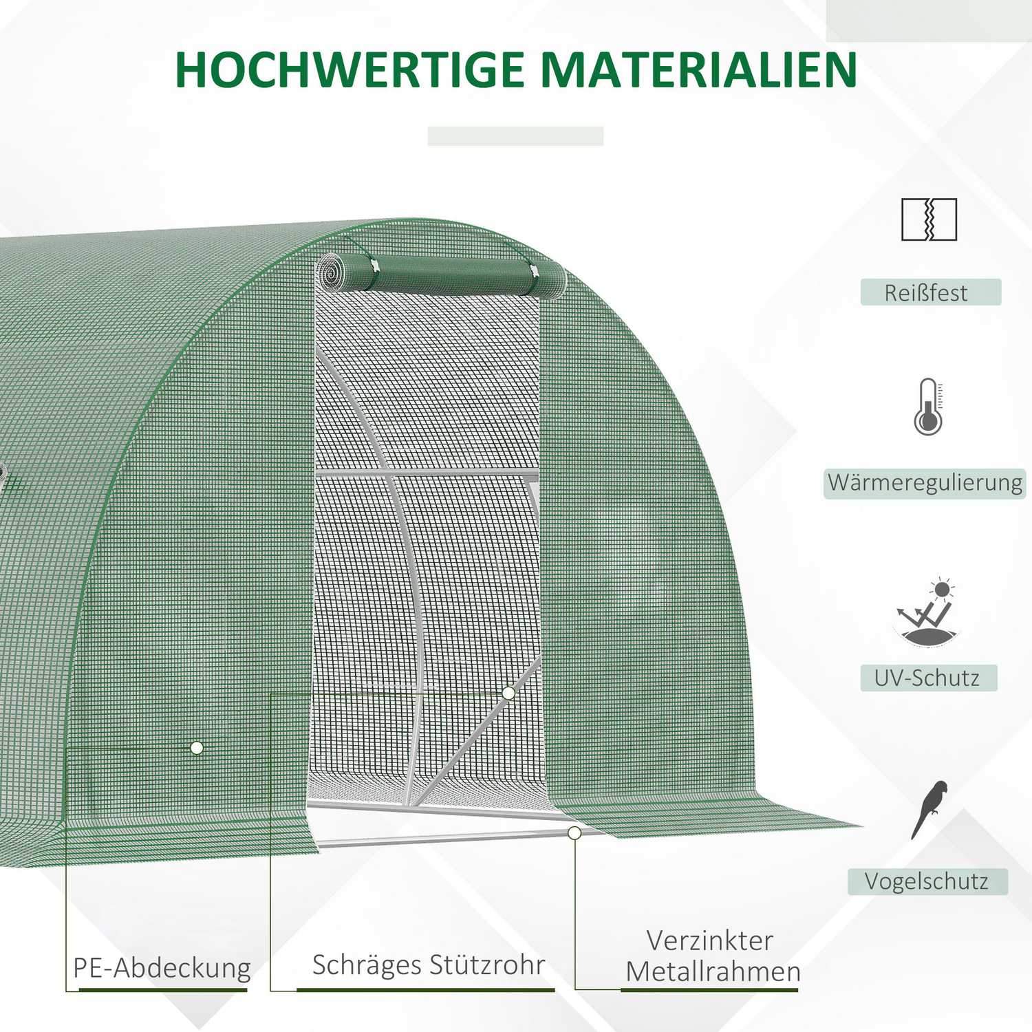 Film Drivhus Polytunnel 4,5X3M Walk-In, 6 Vinduer, Frostbeskyttelse, Stålrør, Mørkegrønn