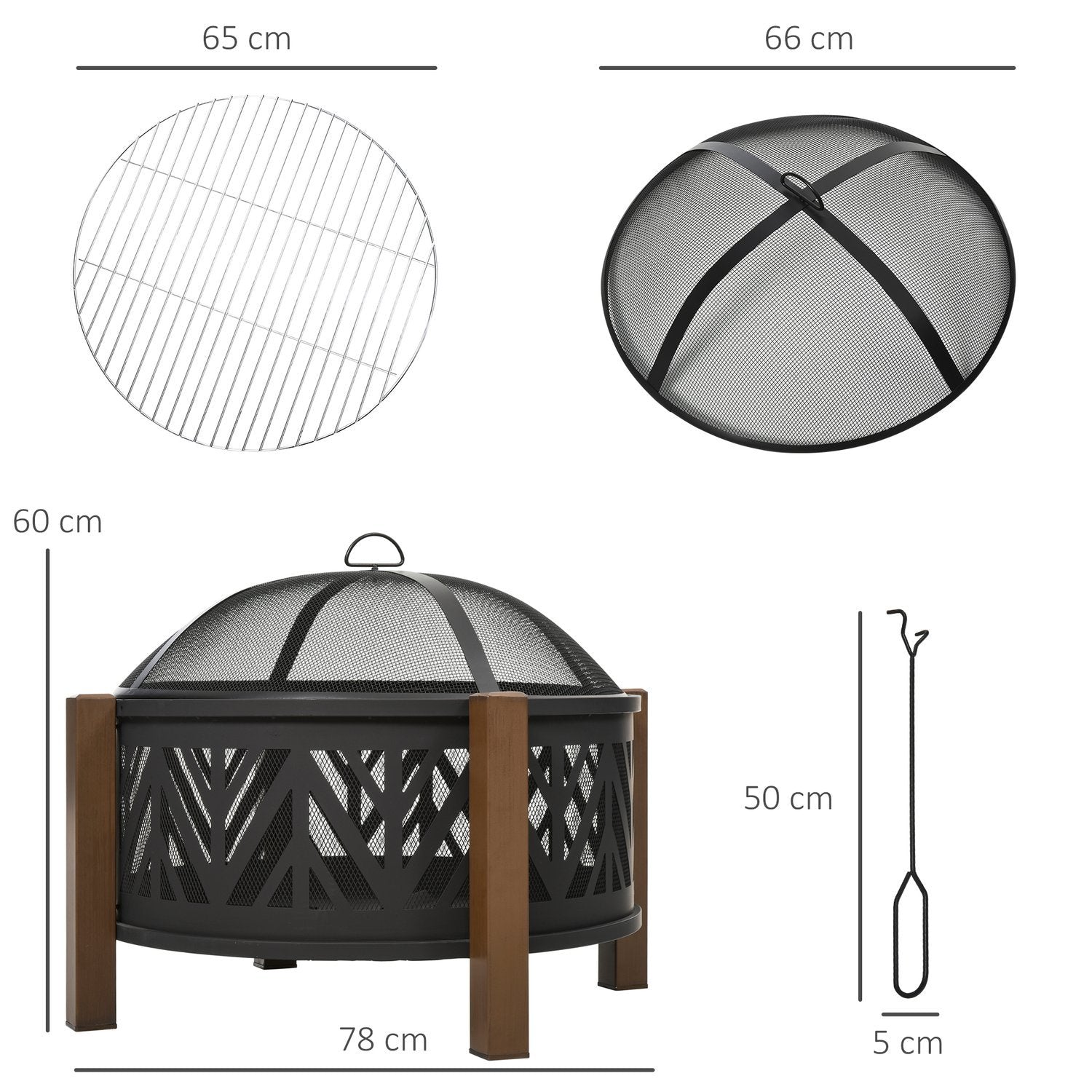 Brannskål 2-i-1 brannkurv med gnistbeskyttelse og grillrist, hagegrill, svart+brun, Ф78X60H Cm