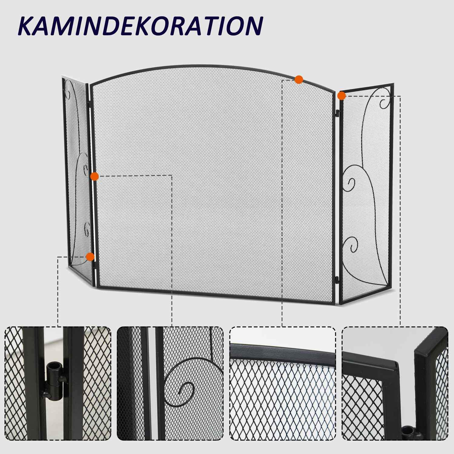 Peisrist, 3 Panel Peisbeskyttelse, Sammenleggbar gnistbeskyttelse, Ovnsbeskyttelse for Stue, Metall, Svart 132,5 X 76,5 Cm