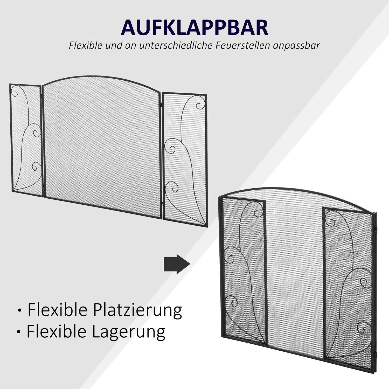 Peisrist, 3 Panel Peisbeskyttelse, Sammenleggbar gnistbeskyttelse, Ovnsbeskyttelse for Stue, Metall, Svart 132,5 X 76,5 Cm