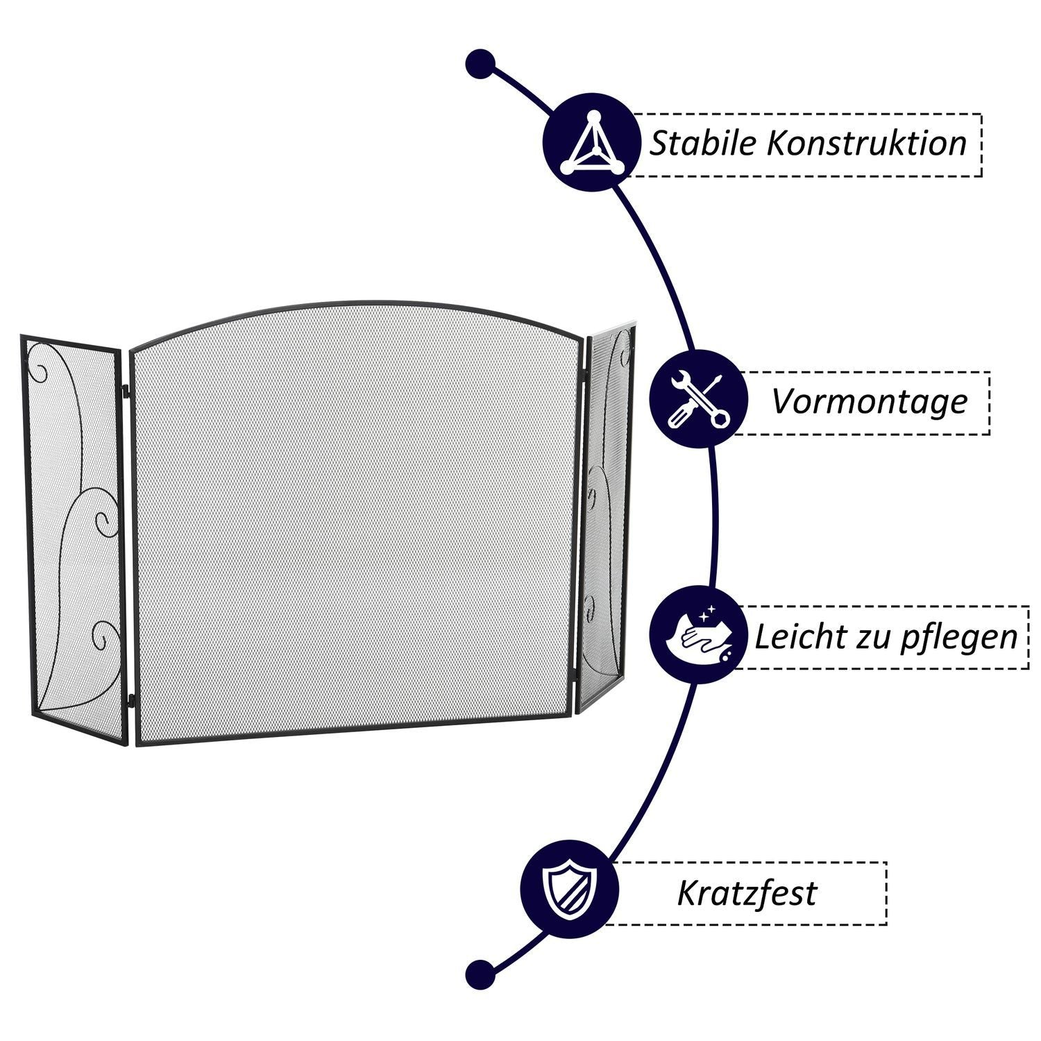 Peisrist, 3 Panel Peisbeskyttelse, Sammenleggbar gnistbeskyttelse, Ovnsbeskyttelse for Stue, Metall, Svart 132,5 X 76,5 Cm