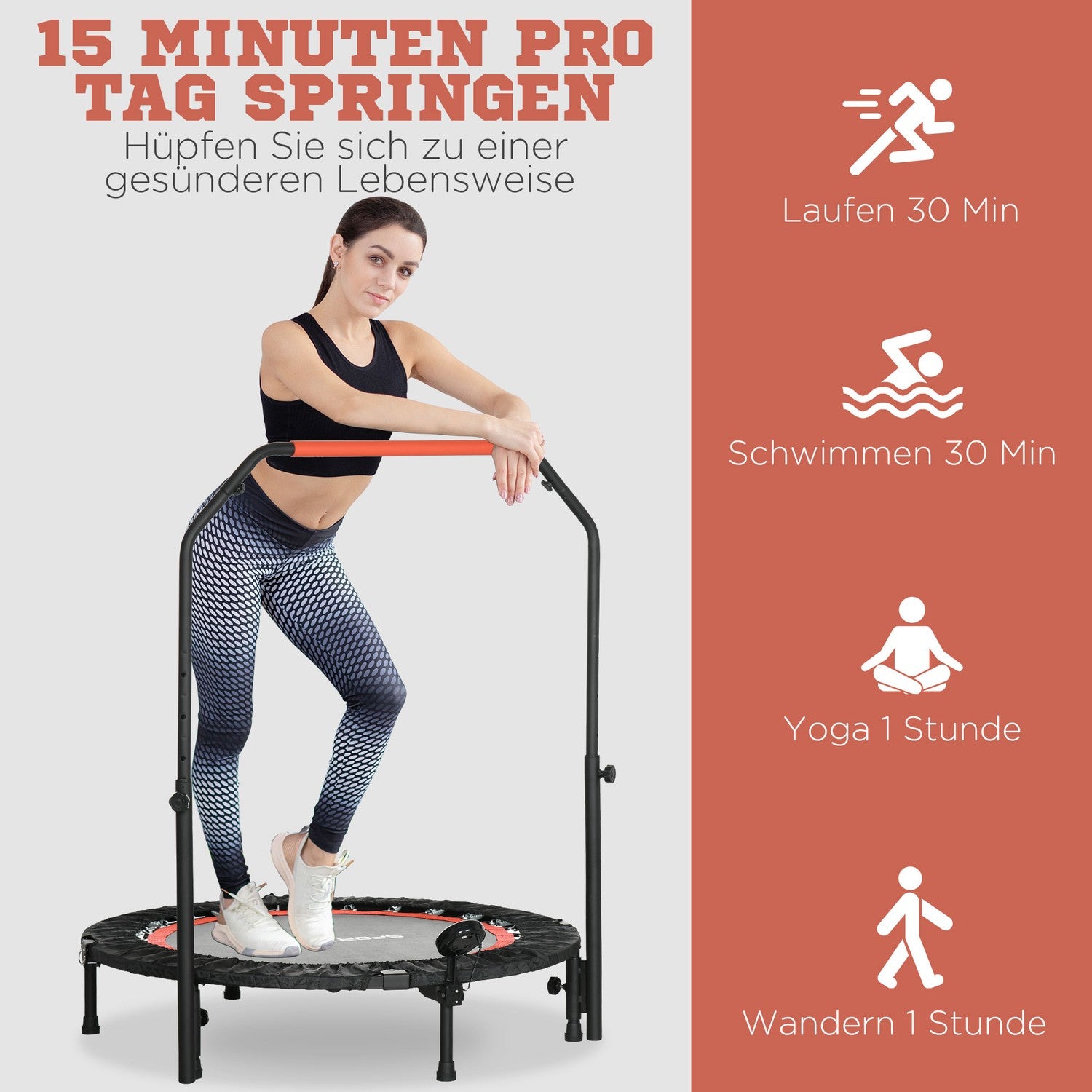 Fitness Mini studsmatta, 102 cm, justerbart handtag, 100 kg kapacitet