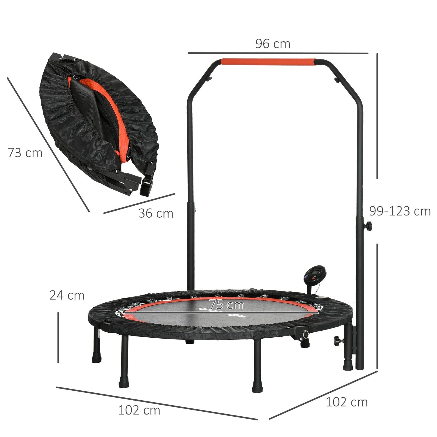 Fitness Mini studsmatta, 102 cm, justerbart handtag, 100 kg kapacitet