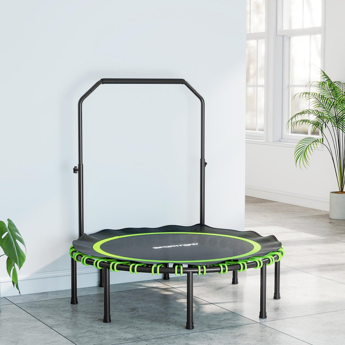Fitnesstrampolin med justerbart handtag, inomhus/utomhus, grön