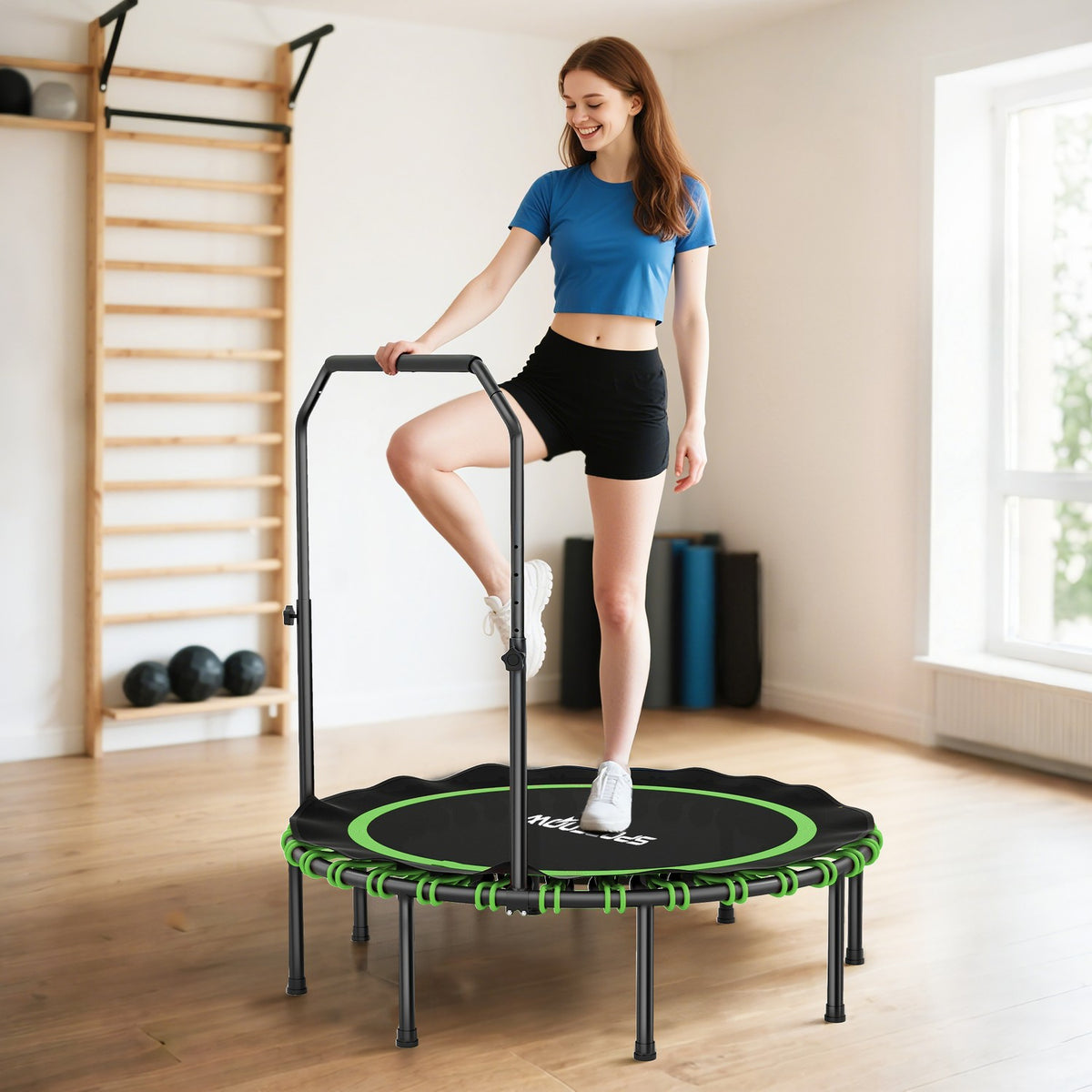 Fitnesstrampolin med justerbart handtag, inomhus/utomhus, grön