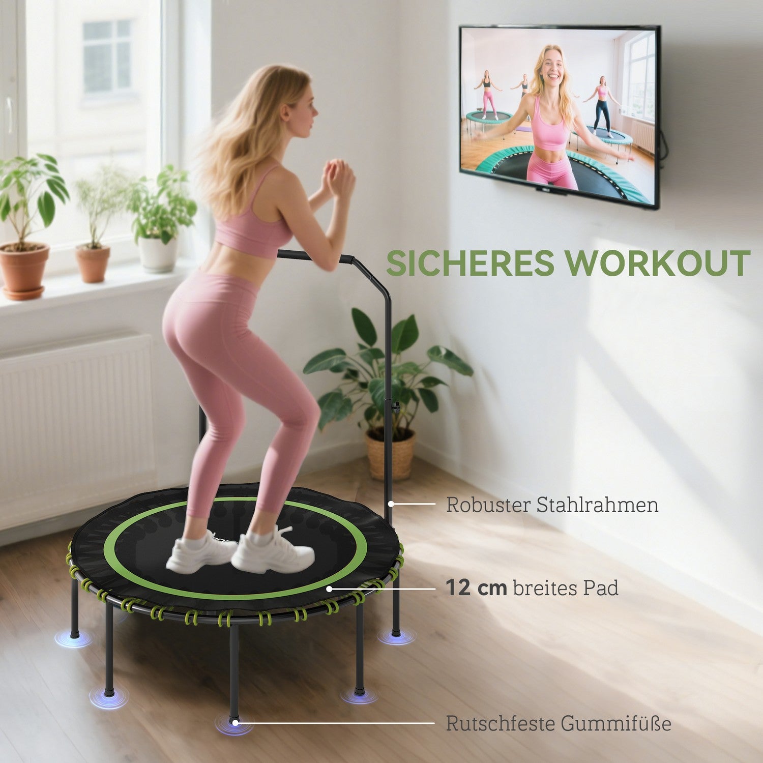 Fitnesstrampolin med justerbart handtag, inomhus/utomhus, grön