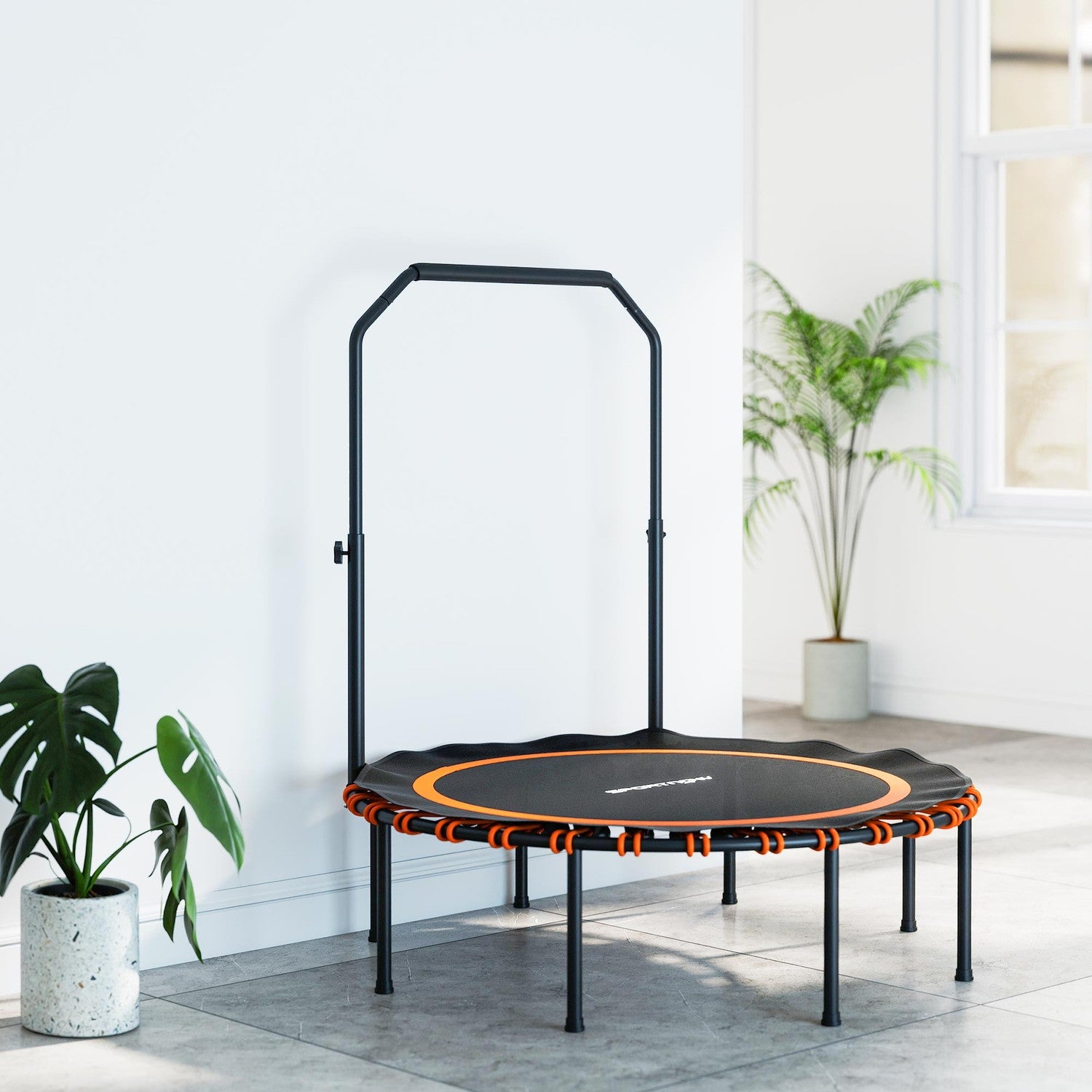 Fitnesstrampolin med justerbart handtag, inomhus/utomhus, orange