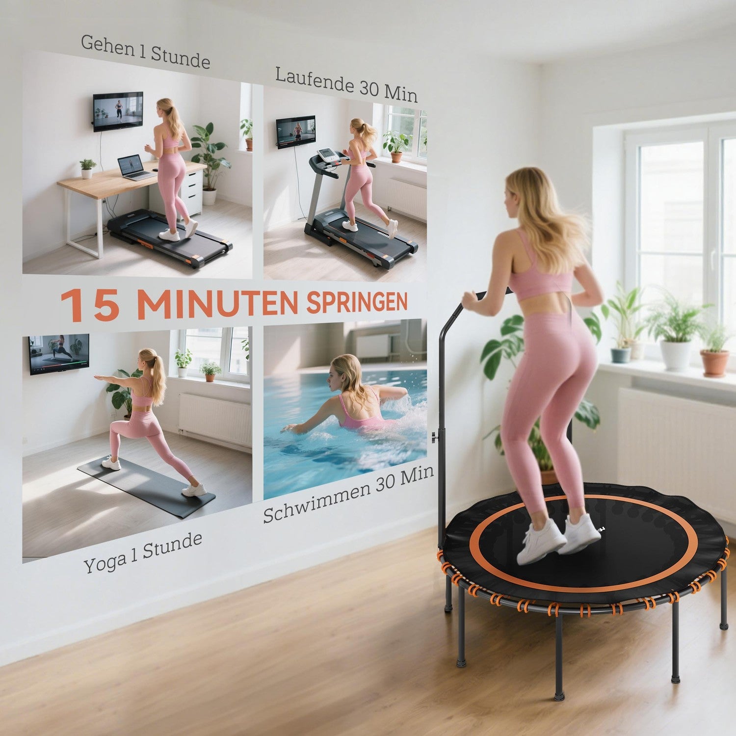 Fitnesstrampolin med justerbart handtag, inomhus/utomhus, orange