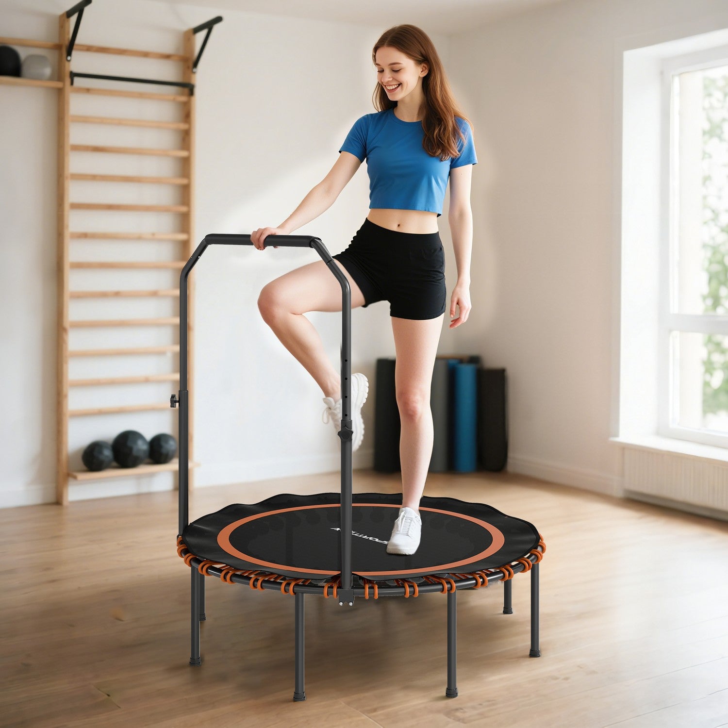 Fitnesstrampolin med justerbart handtag, inomhus/utomhus, orange