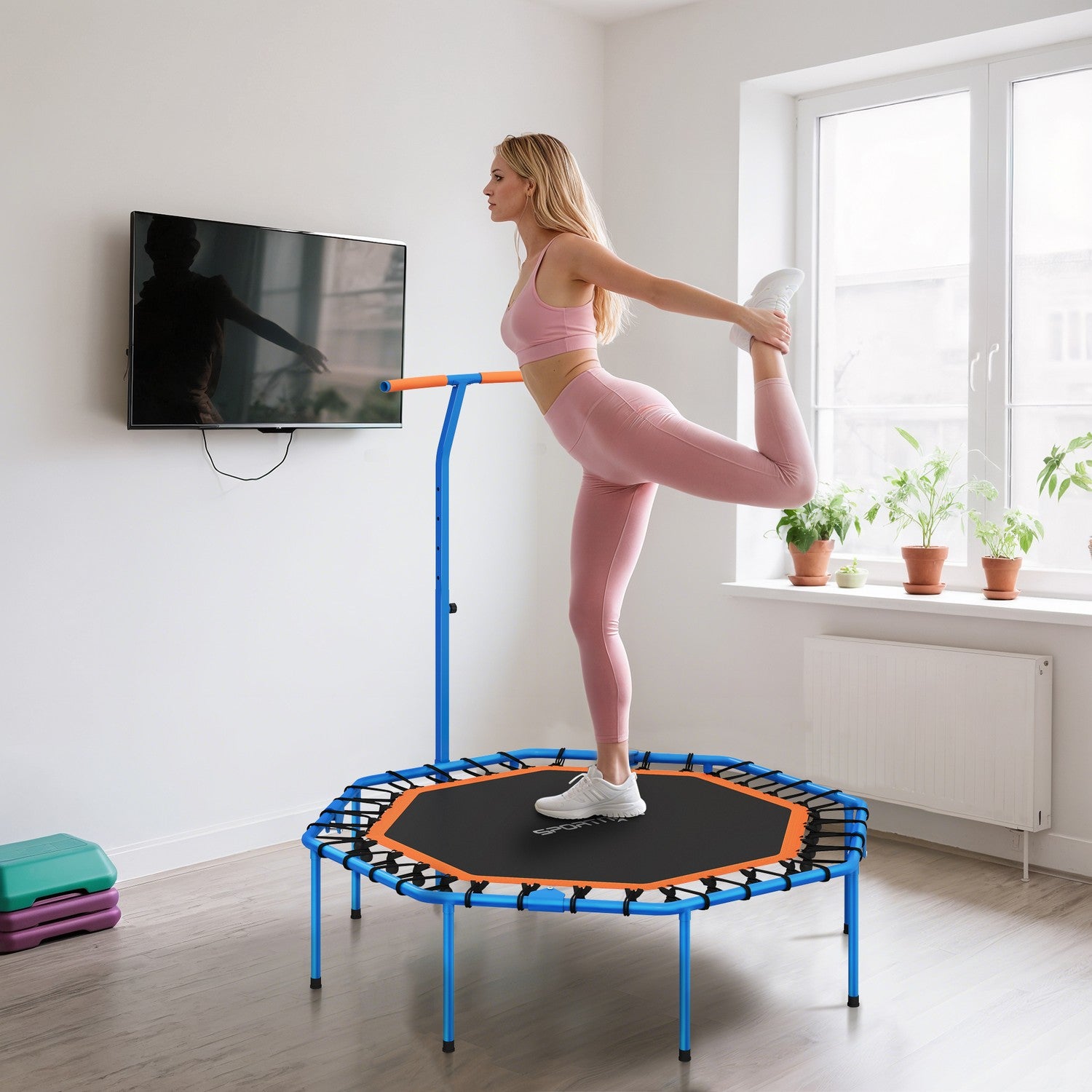 Fitnesstrampolin med justerbart handtag, stål, inomhusbruk