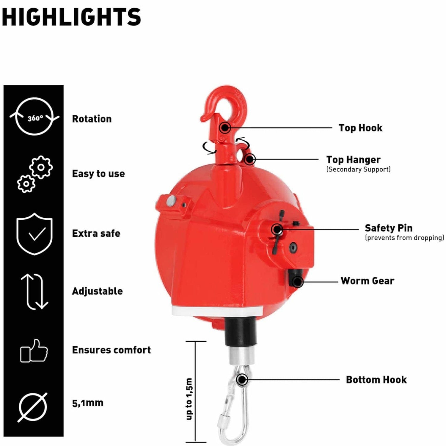 Fjäderkabelbalanserare och motvikt för verktyg 15 - 22 kg 1,5 m