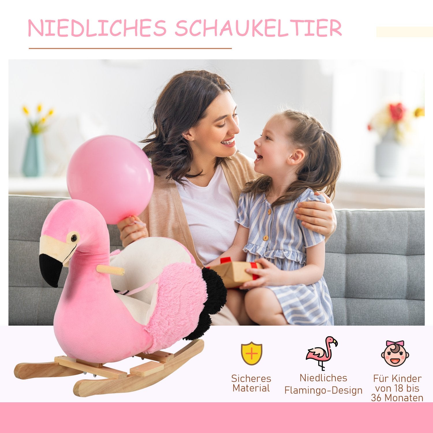 Flamingo gunghästleksak, plysch med säkerhetsbälte, 60 cm
