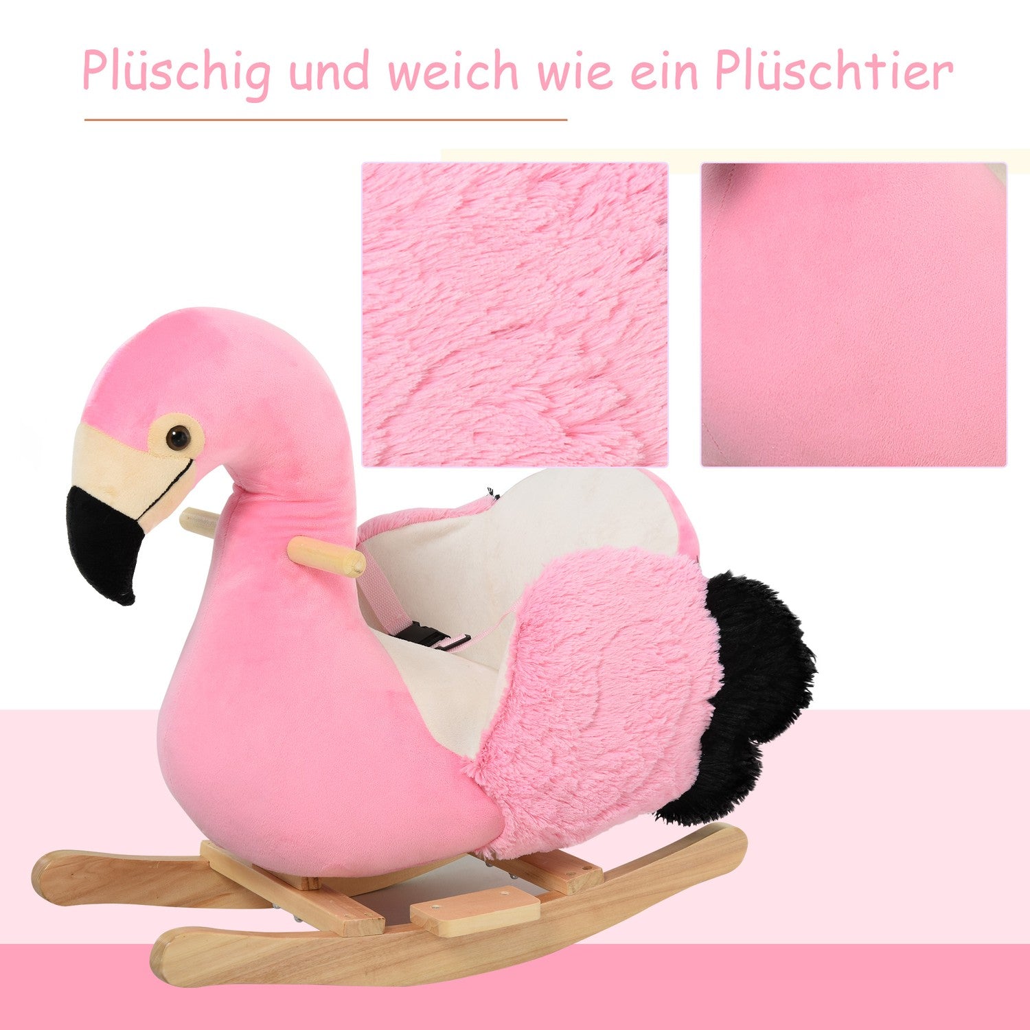 Flamingo gunghästleksak, plysch med säkerhetsbälte, 60 cm