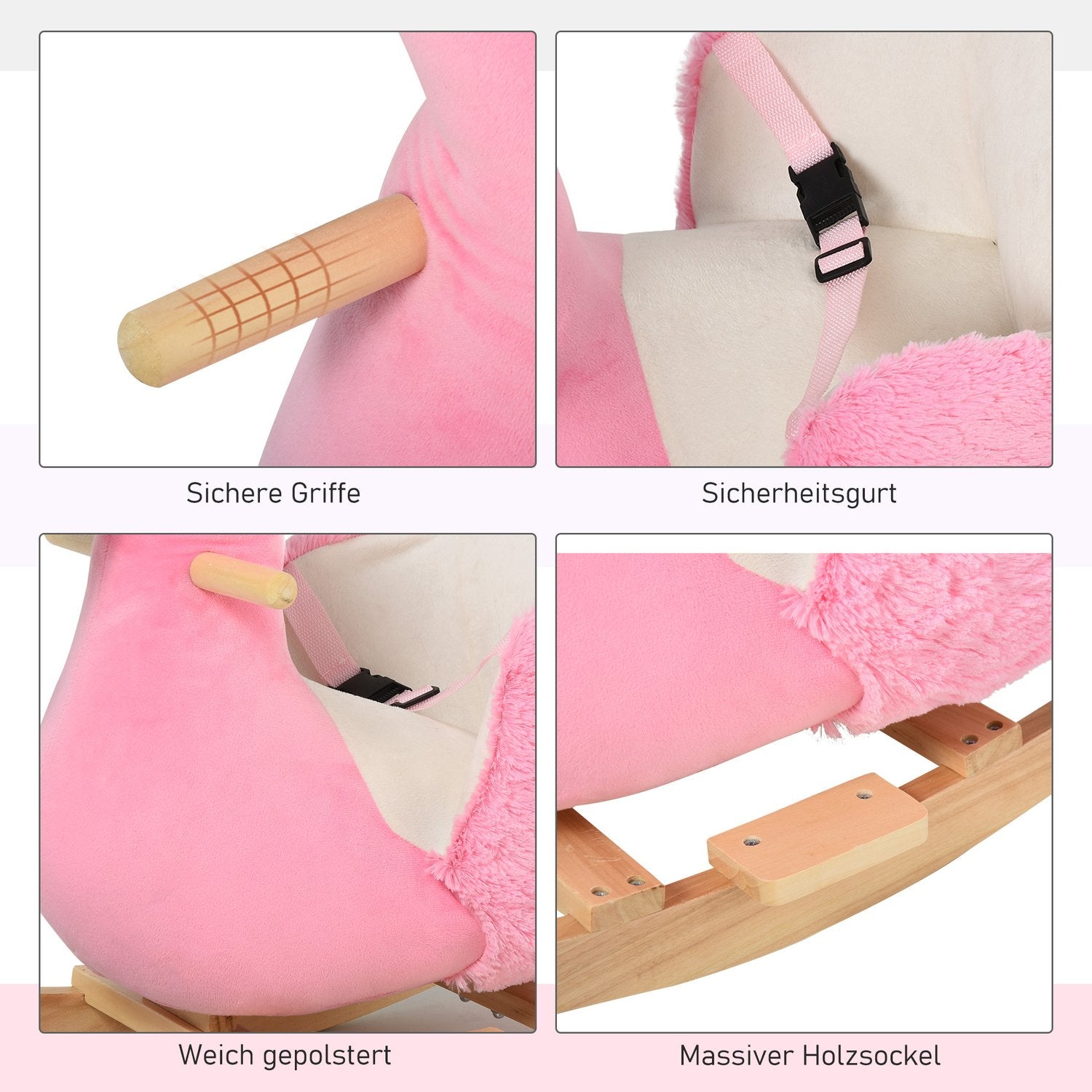 Flamingo gunghästleksak, plysch med säkerhetsbälte, 60 cm