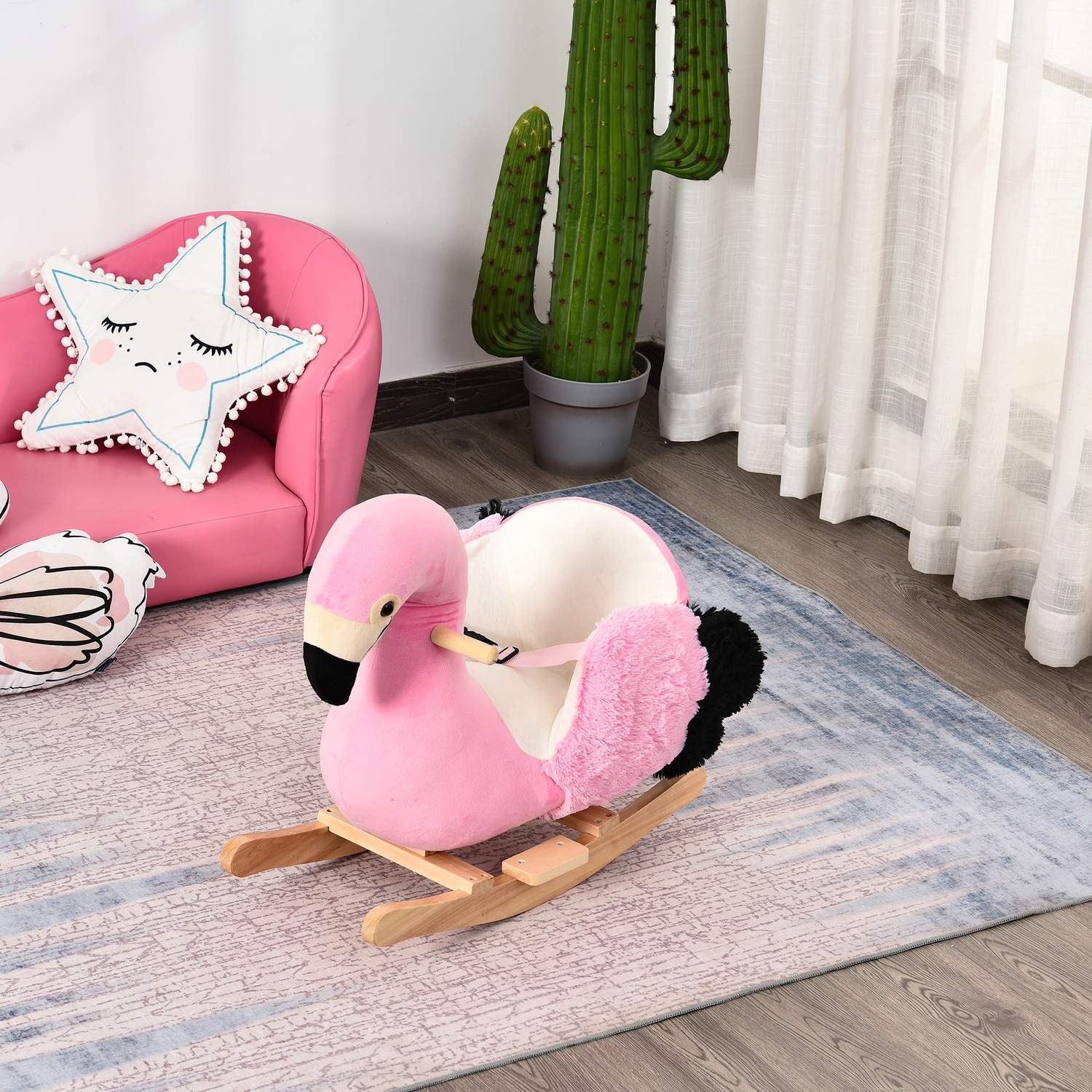 Flamingo gunghästleksak, plysch med säkerhetsbälte, 60 cm