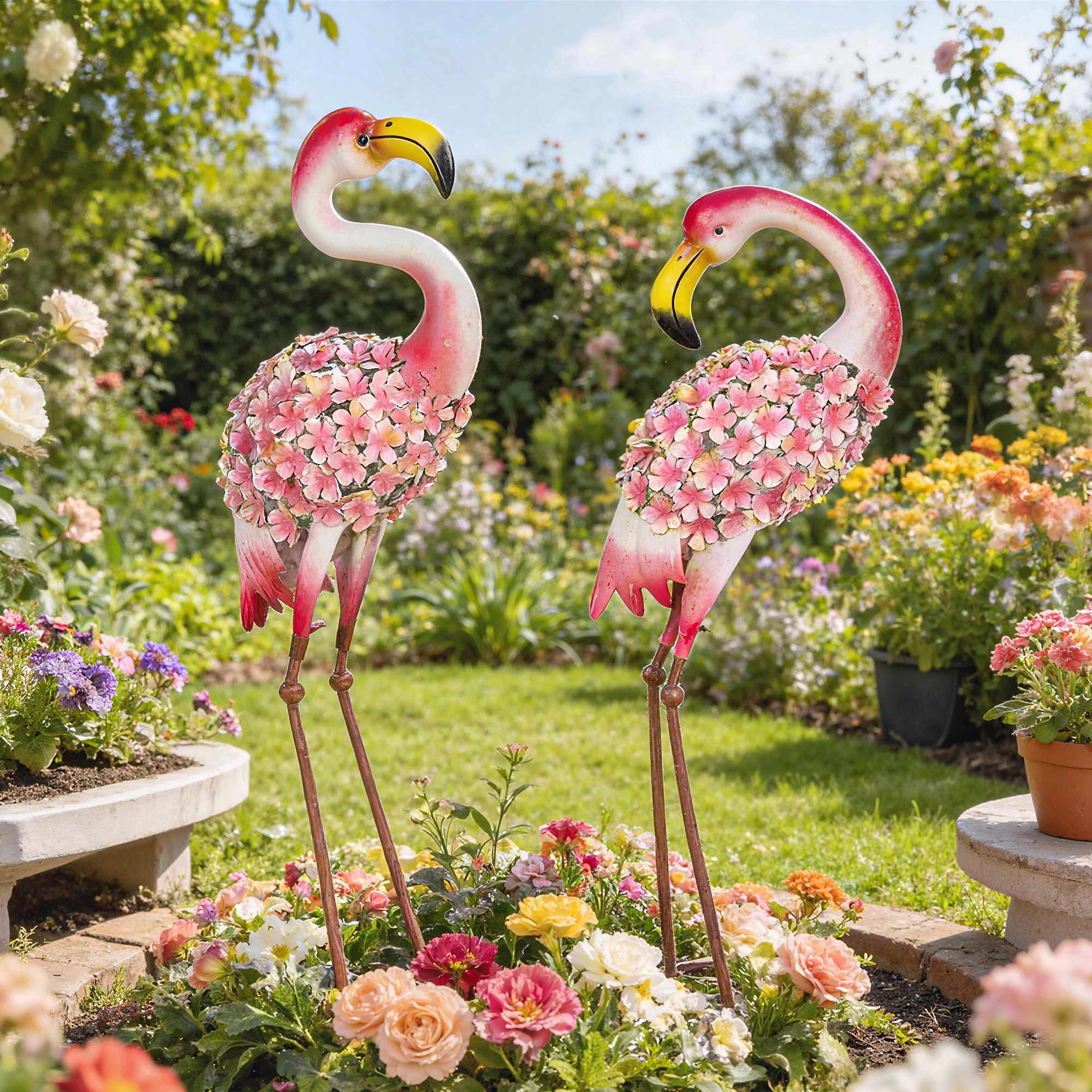 Flamingo trädgårdsstatyer set om 2, metallfåglar med ankare