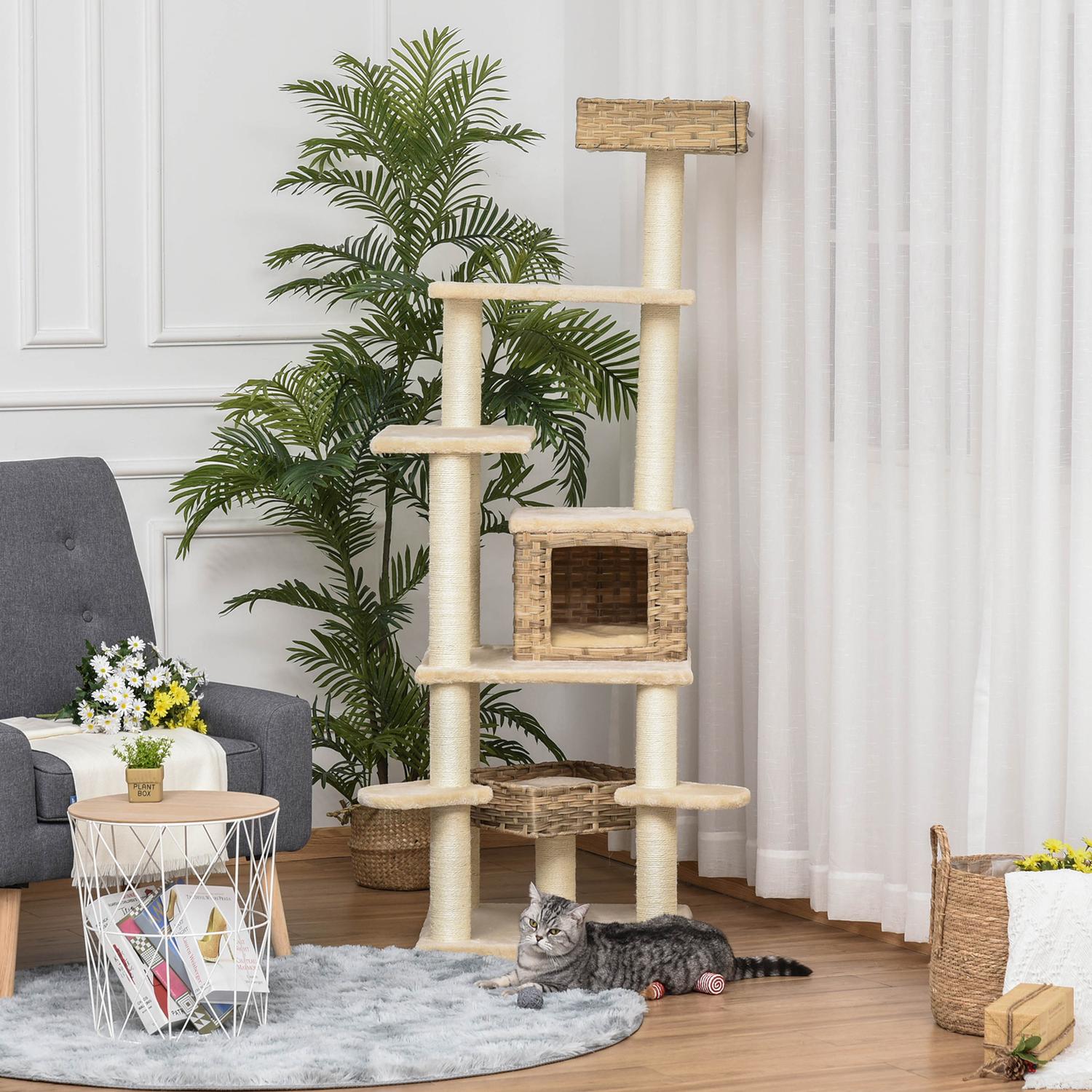 Flerskikts rottingkatt-klätterträd med grotta, beige/brun