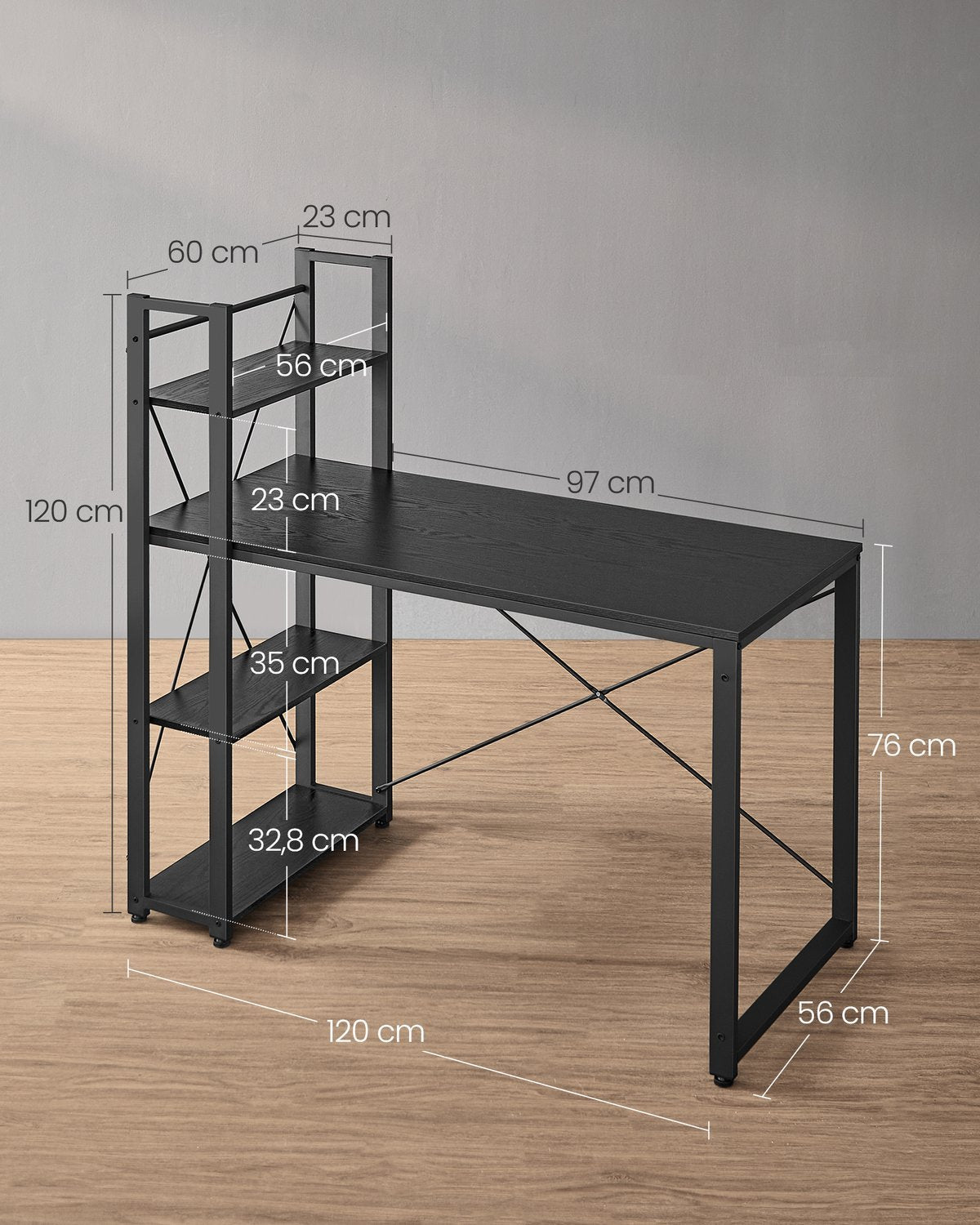 Fleksibelt datamaskinbord med justerbar hylle