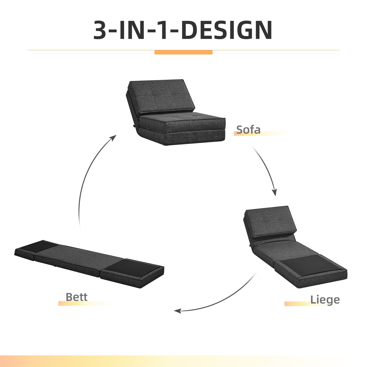 Fällbar Golvstol Bäddsoffa, 5-stegs justerbar, mörkgrå