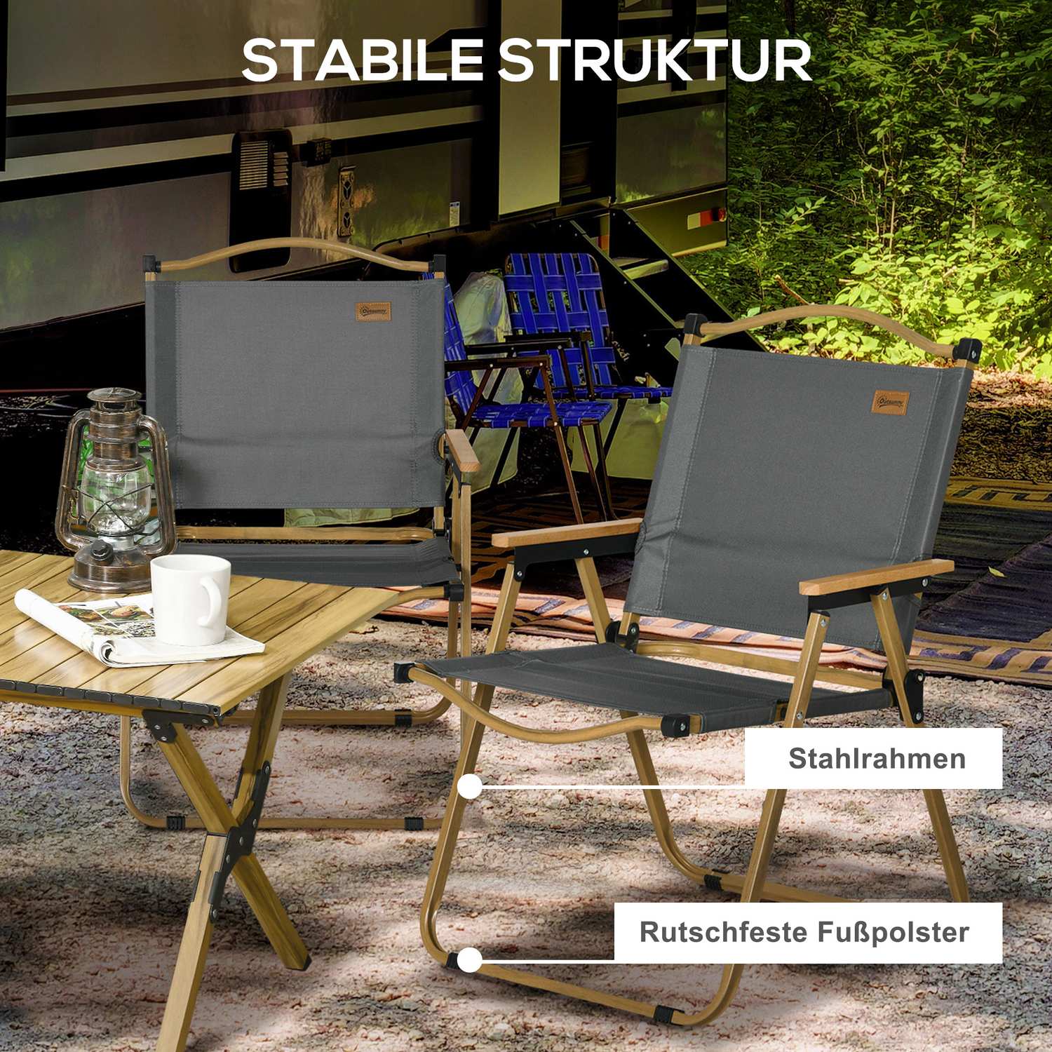 Fällbara campingstolar Set om 2 – Stålram, mörkgrå