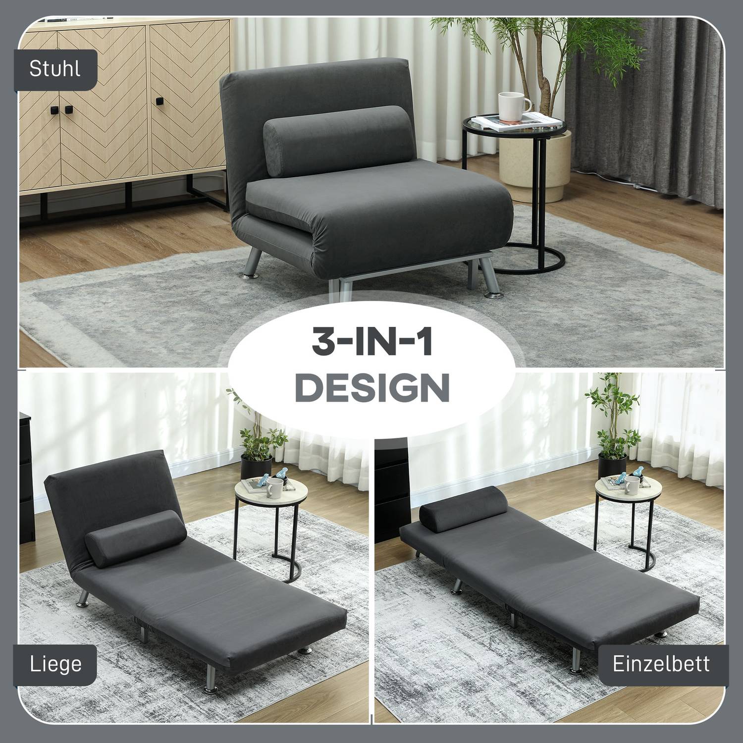 Fällbar fåtölj med sängfunktion, hopfällbar vilstol i sammetslook, justerbart ryggstöd, 75 x 70 x 75 cm, mörkgrå