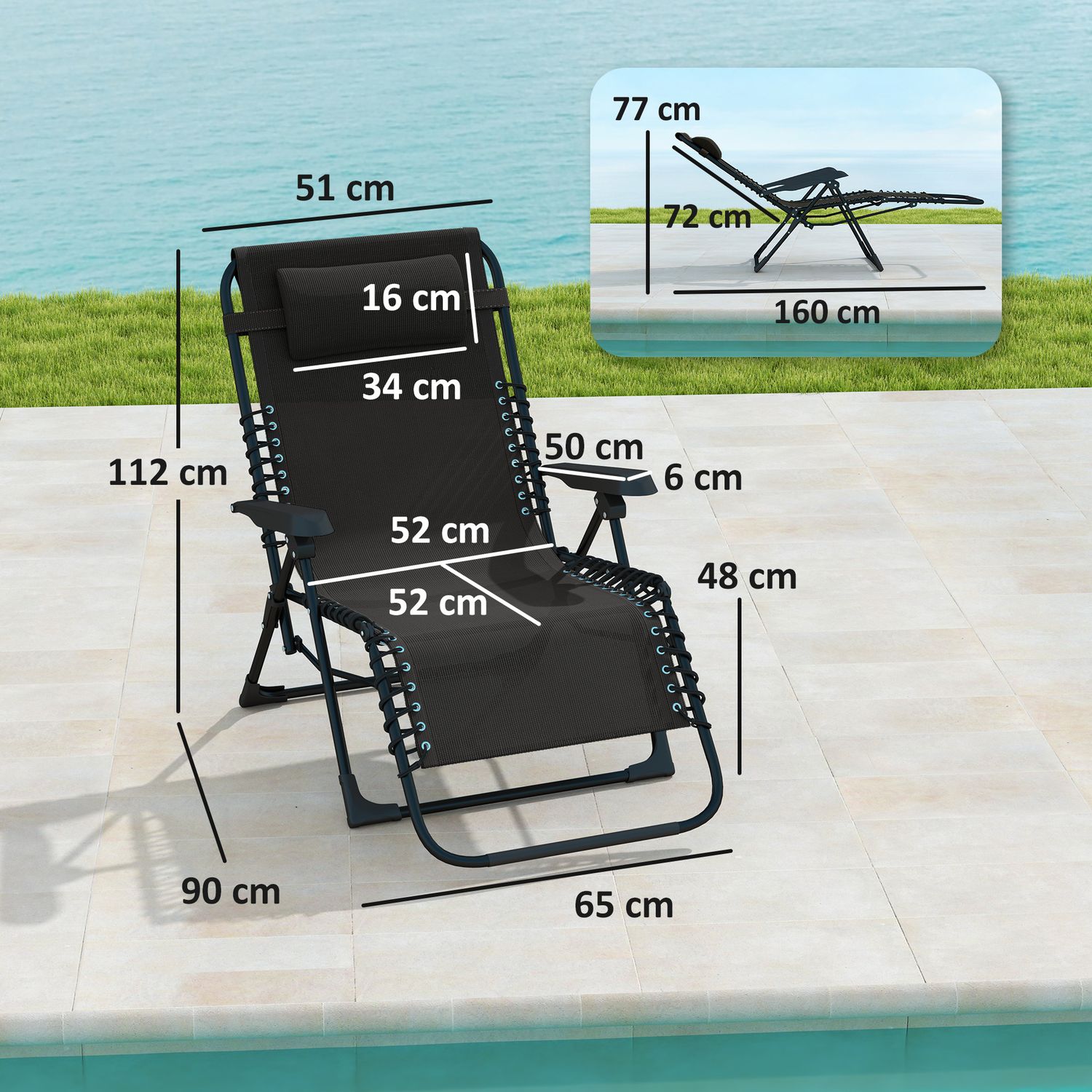 Fällbar solstol, justerbar, väderbeständig, 120 kg kapacitet