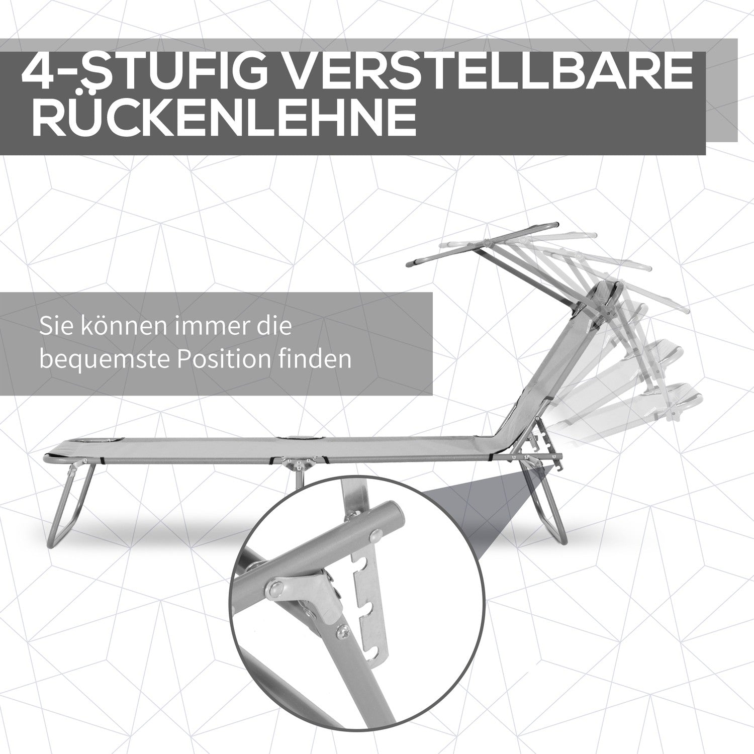 Fällbar solstol med 4-läges ryggstöd och tak