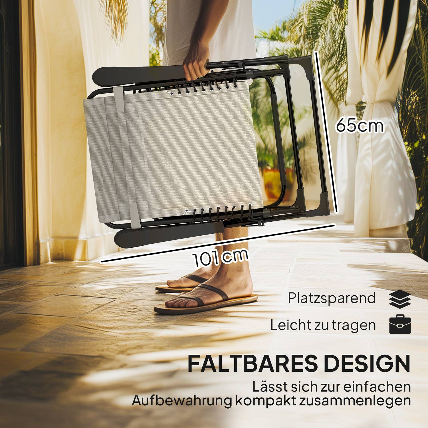 Fällbar solstol med kudde, 5-läges rygg, beige