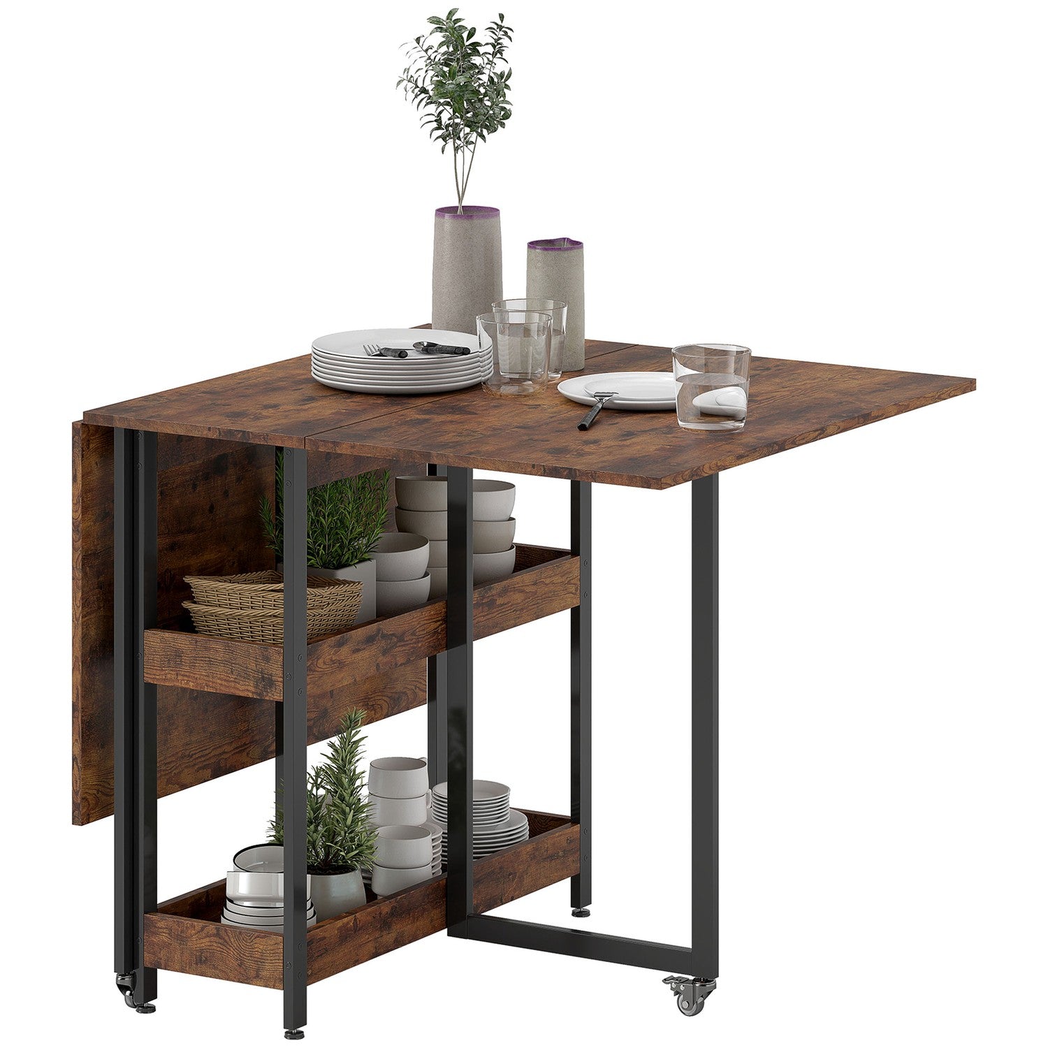 Fällbart matbord i industriell design, för upp till 4 personer, öppna hyllor, flexibel, metall, spånskiva, brun