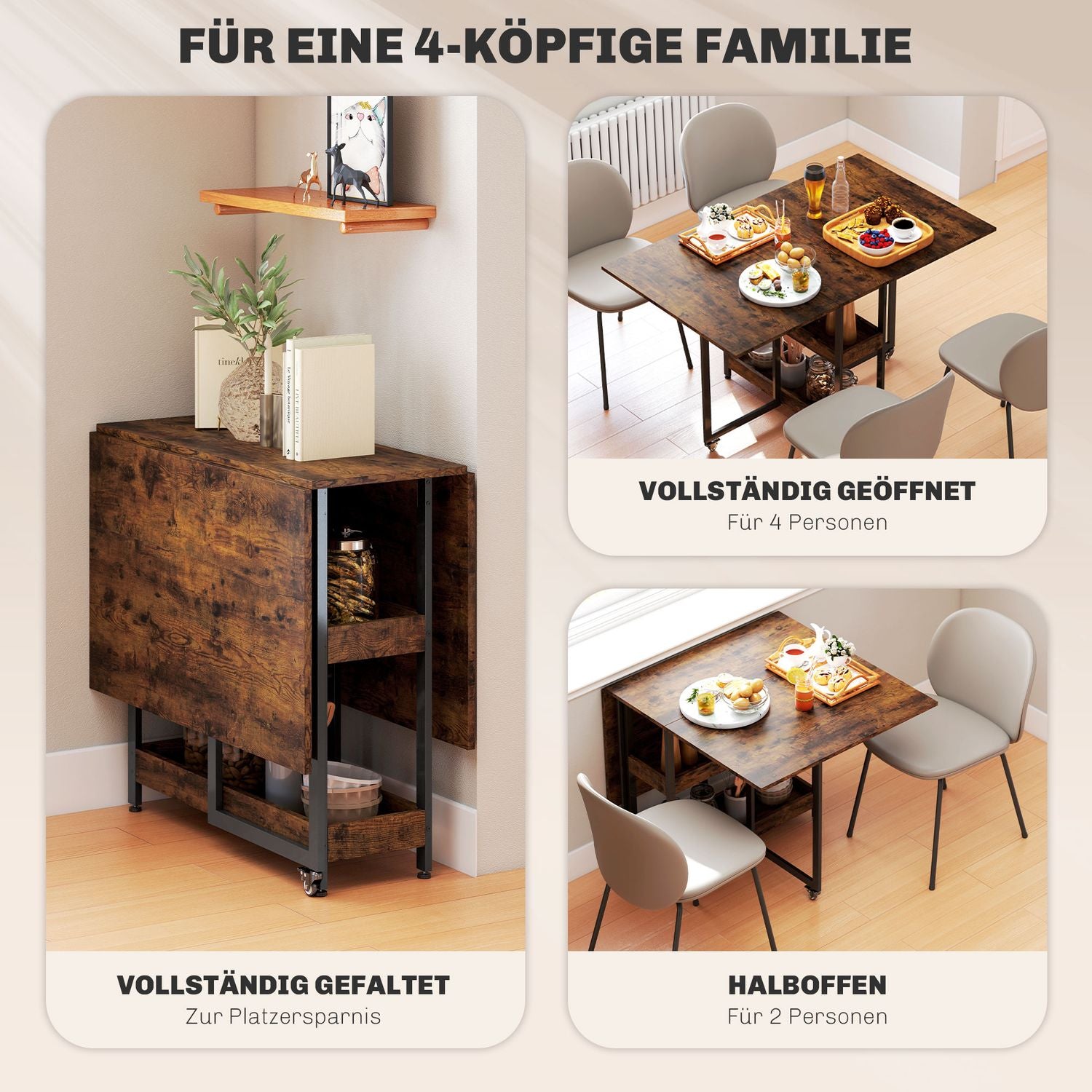 Fällbart matbord i industriell design, för upp till 4 personer, öppna hyllor, flexibel, metall, spånskiva, brun