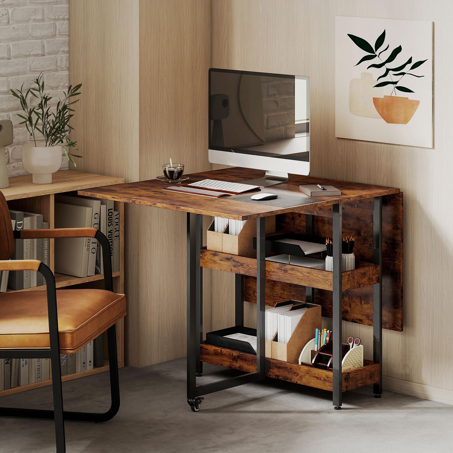 Fällbart matbord i industriell design, för upp till 4 personer, öppna hyllor, flexibel, metall, spånskiva, brun