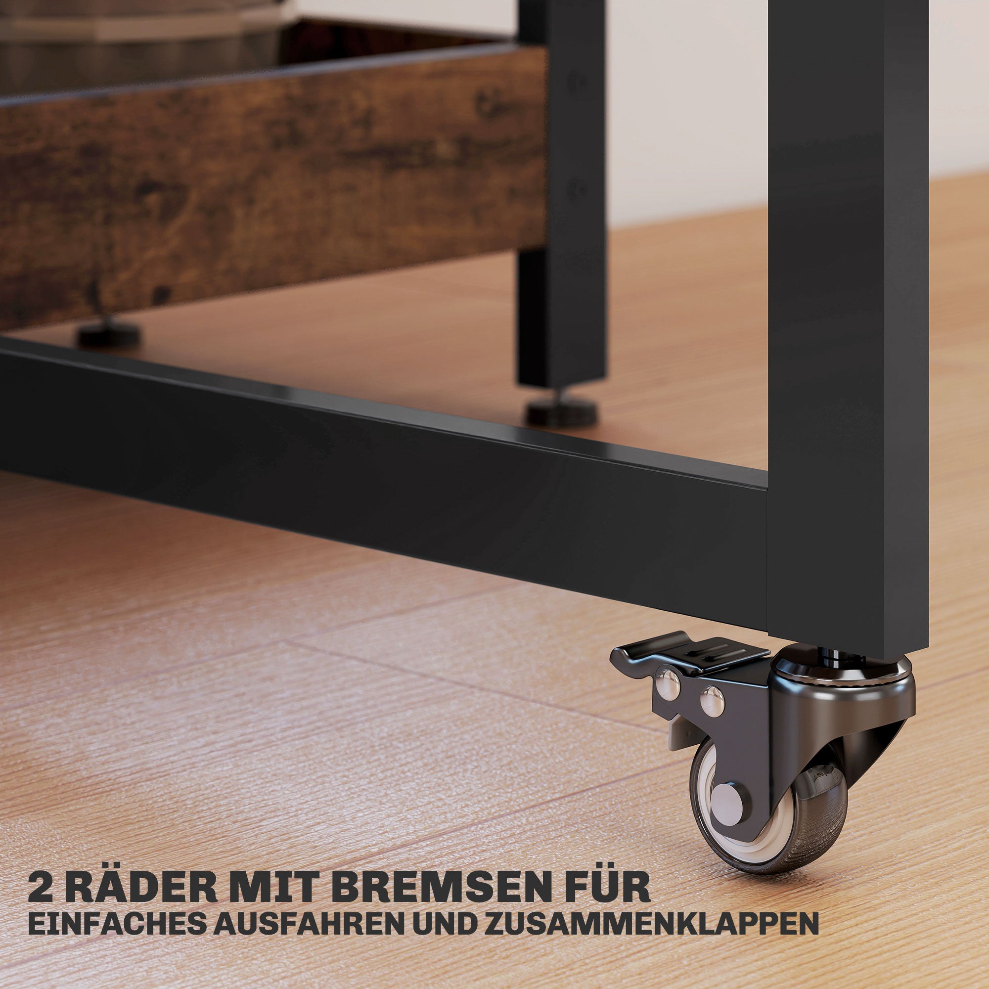Fällbart matbord i industriell design, för upp till 4 personer, öppna hyllor, flexibel, metall, spånskiva, brun
