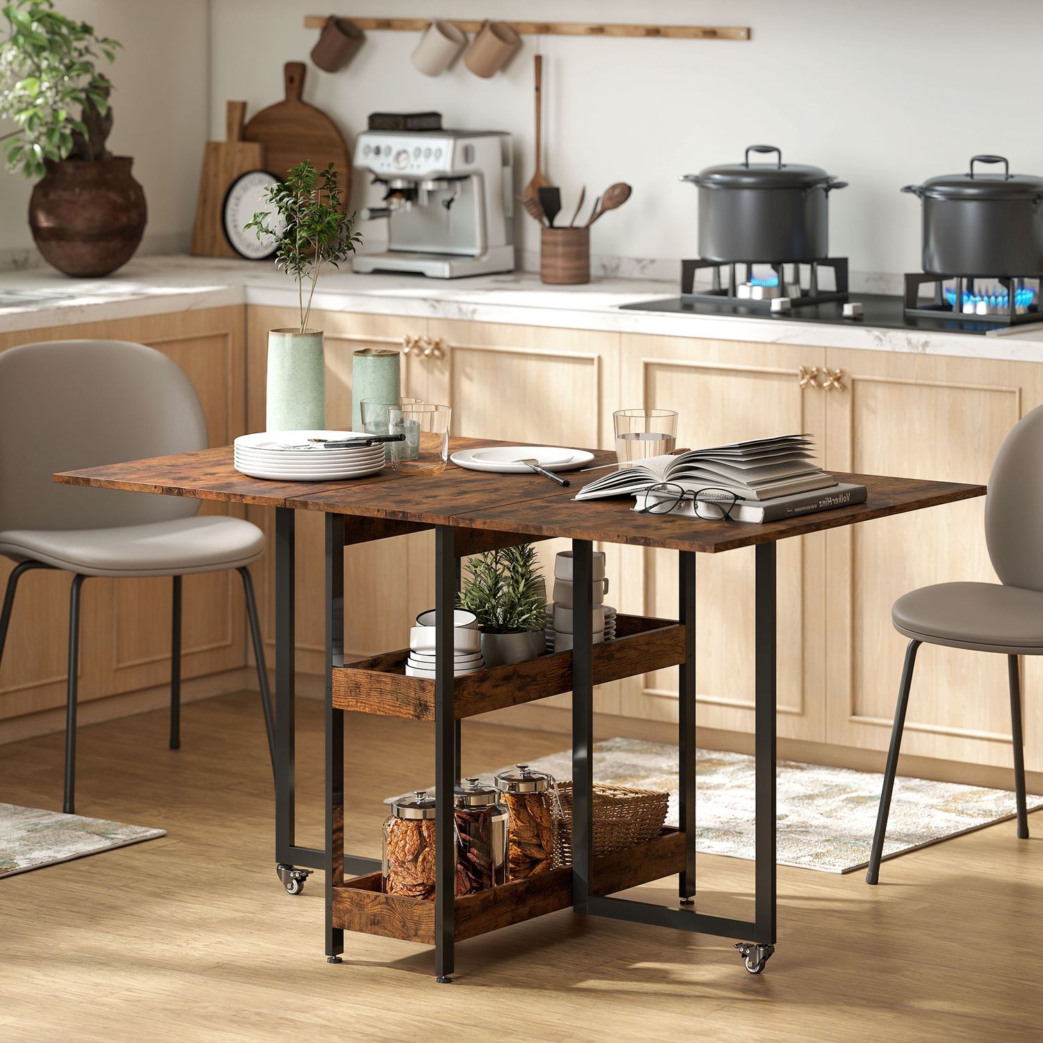 Fällbart matbord i industriell design, för upp till 4 personer, öppna hyllor, flexibel, metall, spånskiva, brun