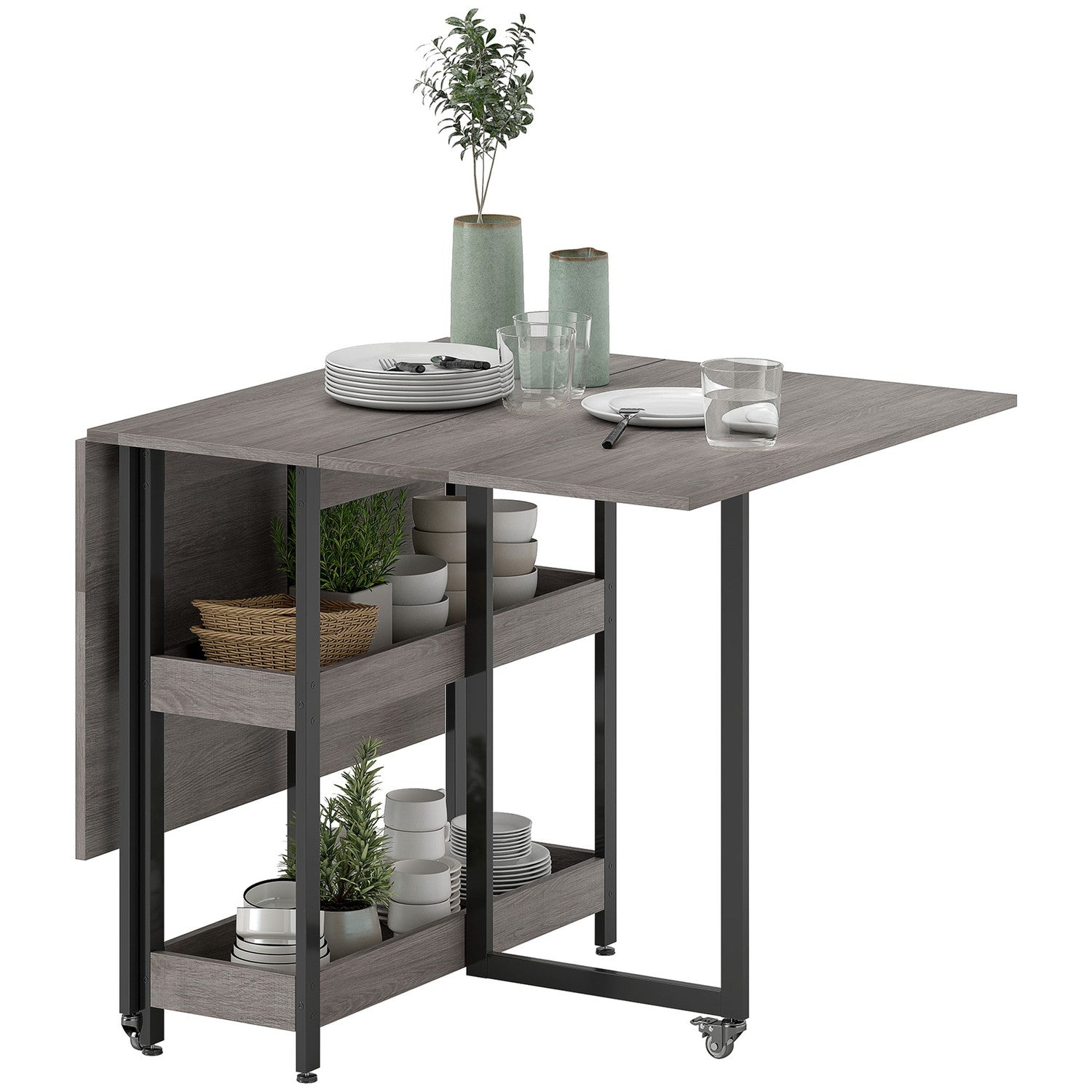 Fällbart matbord i industriell design, för upp till 4 personer, öppna hyllor, flexibel, metall, spånskiva, grå