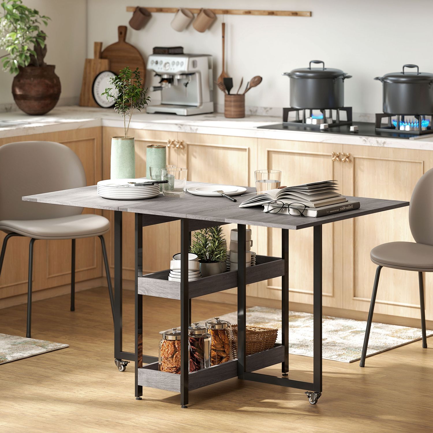 Fällbart matbord i industriell design, för upp till 4 personer, öppna hyllor, flexibel, metall, spånskiva, grå