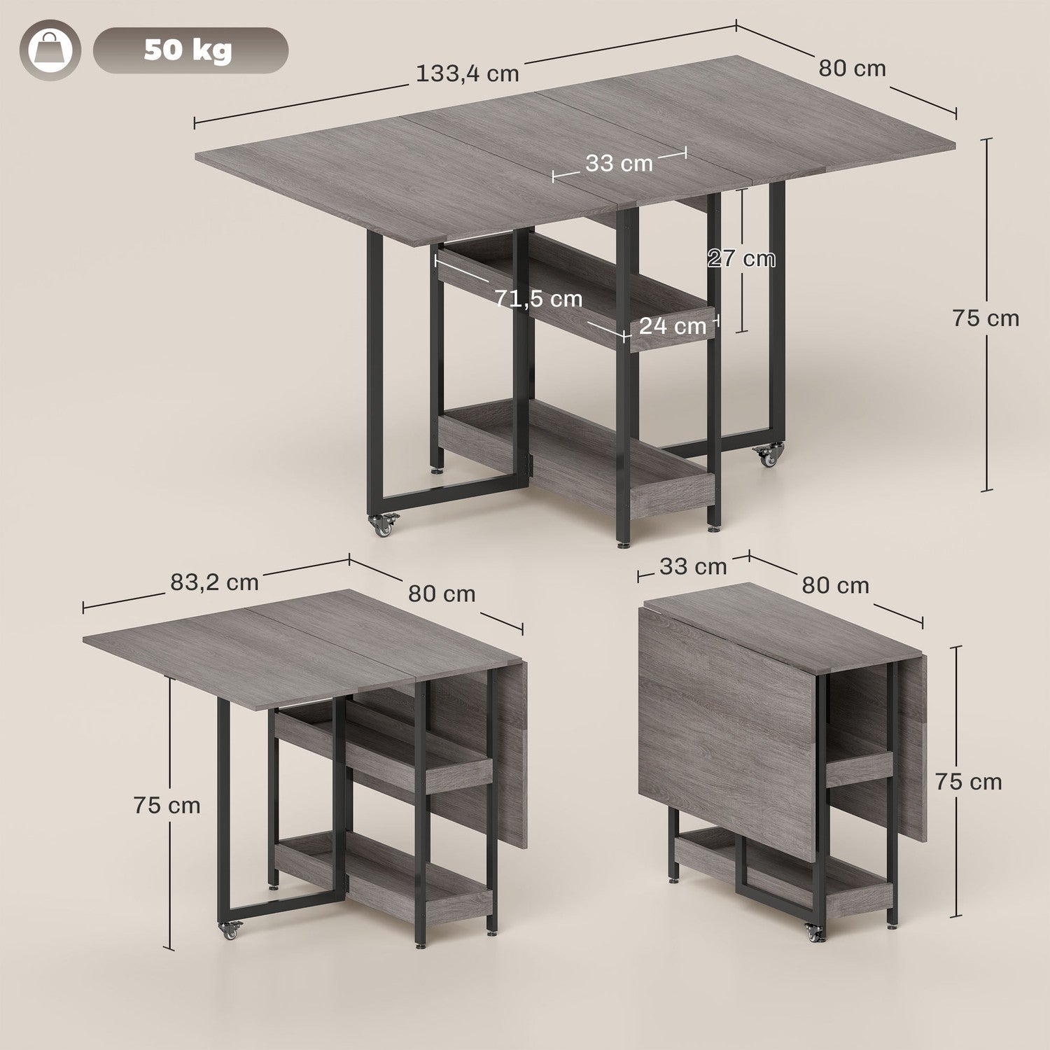 Fällbart matbord i industriell design, för upp till 4 personer, öppna hyllor, flexibel, metall, spånskiva, grå