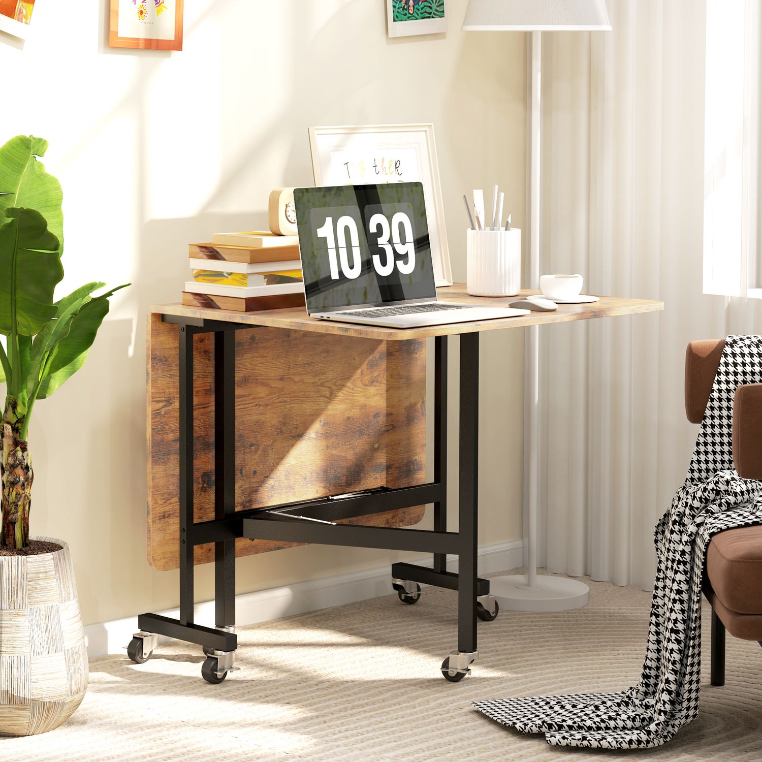 Fällbart matbord med hjul, Rustikbrun, 120x80 cm