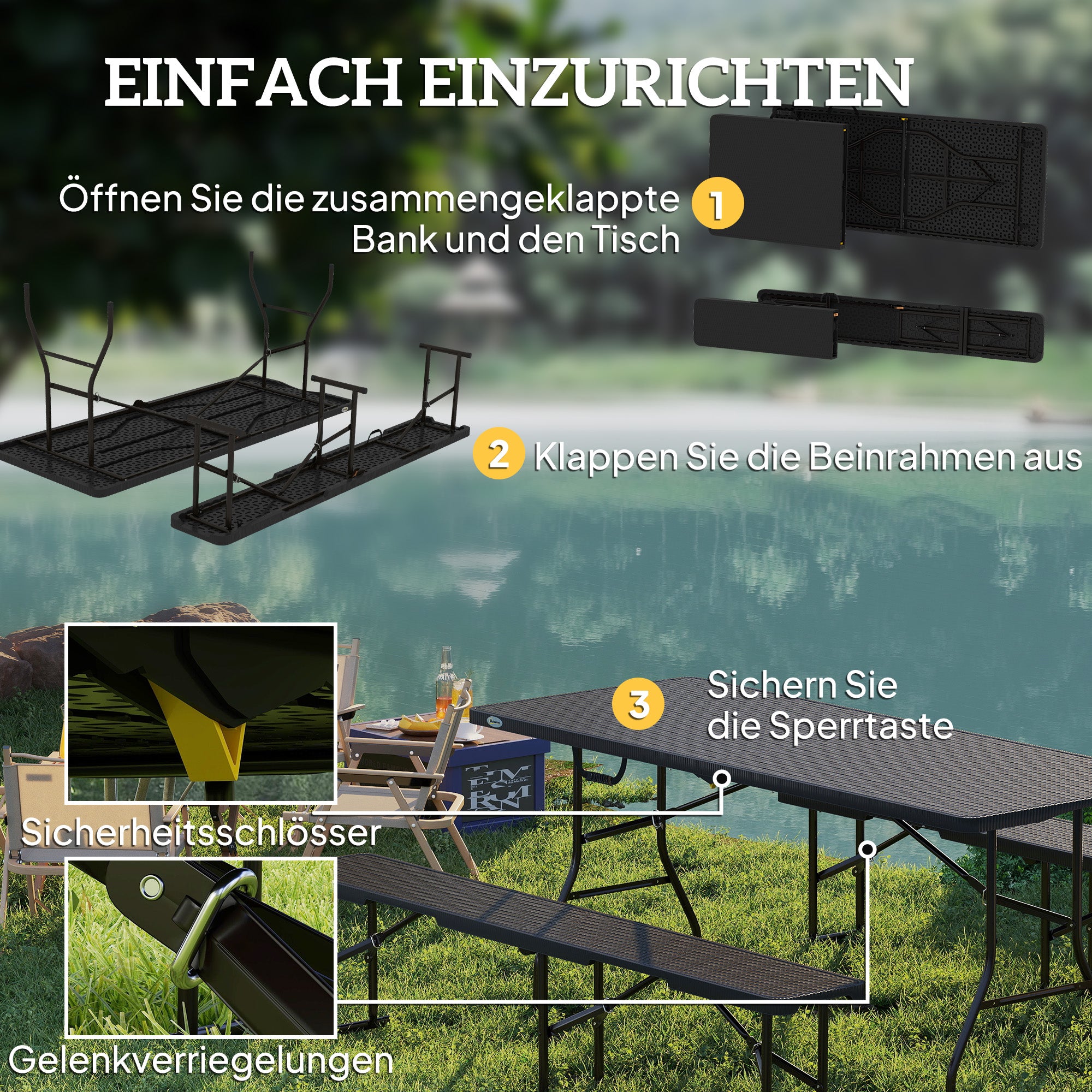 Fällbart picknickbordsset, 3-delat, svart, HDPE & metall
